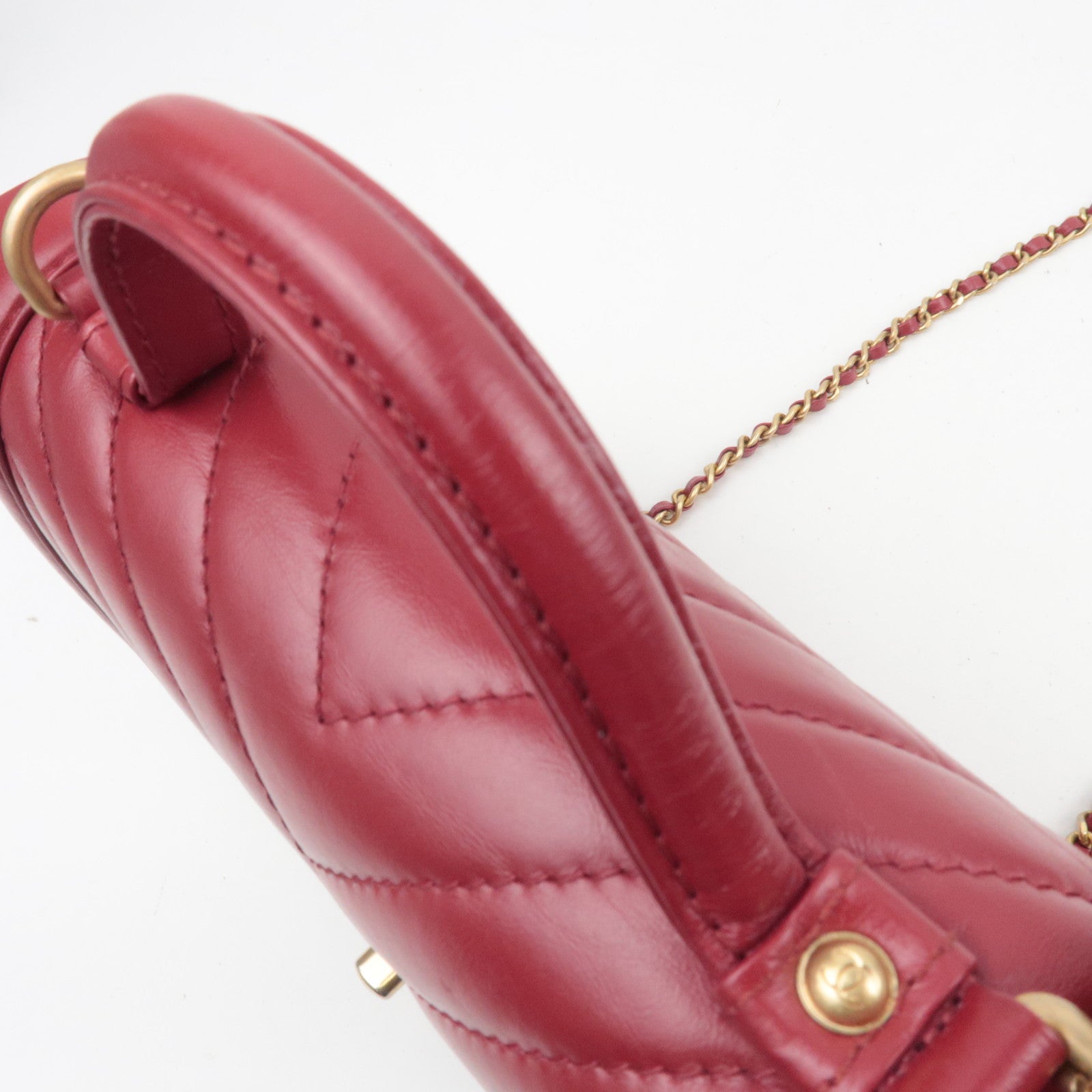 CHANEL Chevron V Stitch 2Way Top Handle Chain Shoulder Bag Calf Leather Red Gold HDW