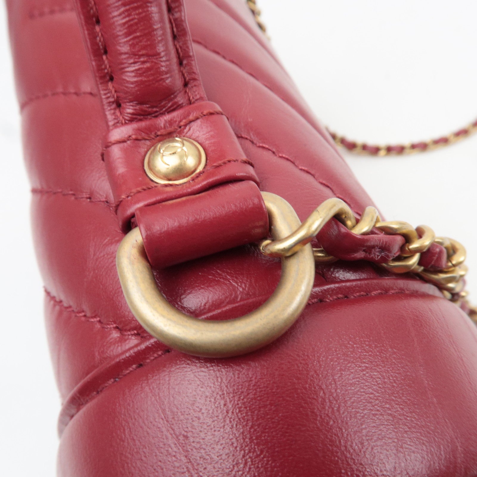 CHANEL Chevron V Stitch 2Way Top Handle Chain Shoulder Bag Calf Leather Red Gold HDW