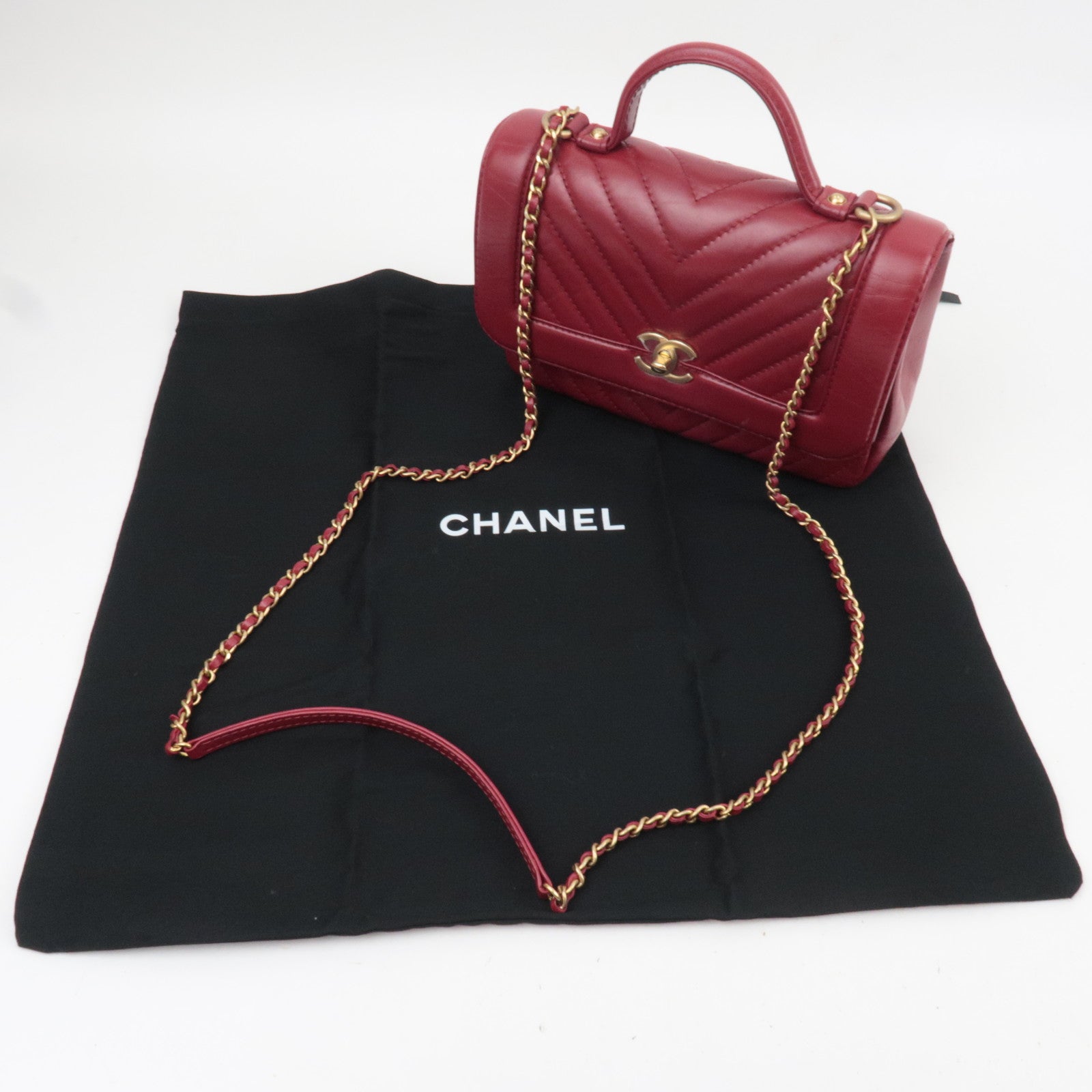 CHANEL Chevron V Stitch 2Way Top Handle Chain Shoulder Bag Calf Leather Red Gold HDW