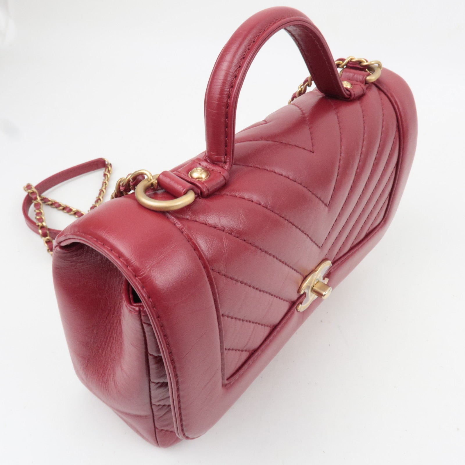 CHANEL Chevron V Stitch 2Way Top Handle Chain Shoulder Bag Calf Leather Red Gold HDW