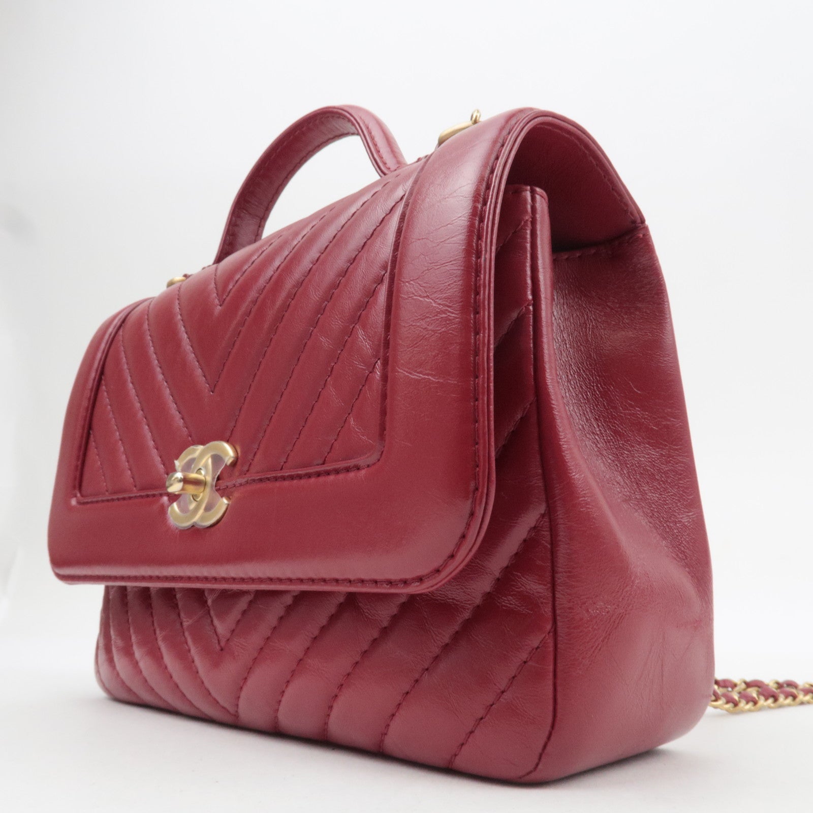 CHANEL Chevron V Stitch 2Way Top Handle Chain Shoulder Bag Calf Leather Red Gold HDW