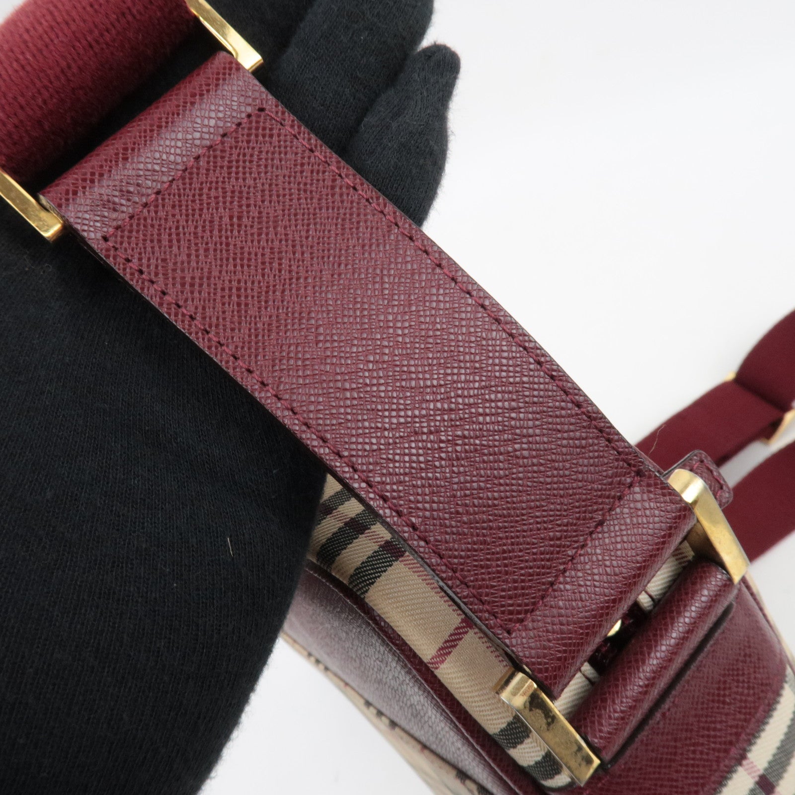 BURBERRY Nova Plaid Shoulder Bag Canvas Leather Beige Bordeaux