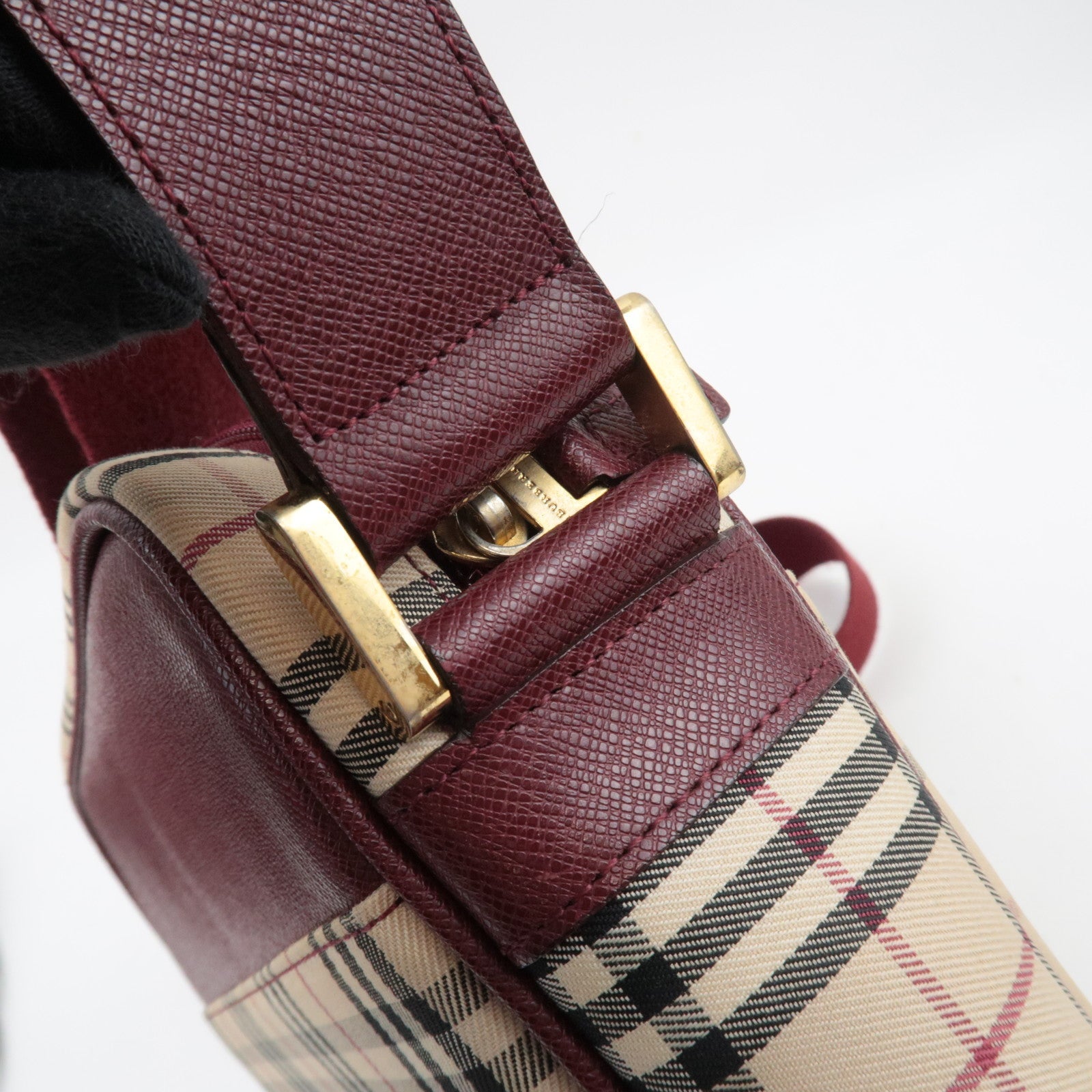 BURBERRY Nova Plaid Shoulder Bag Canvas Leather Beige Bordeaux