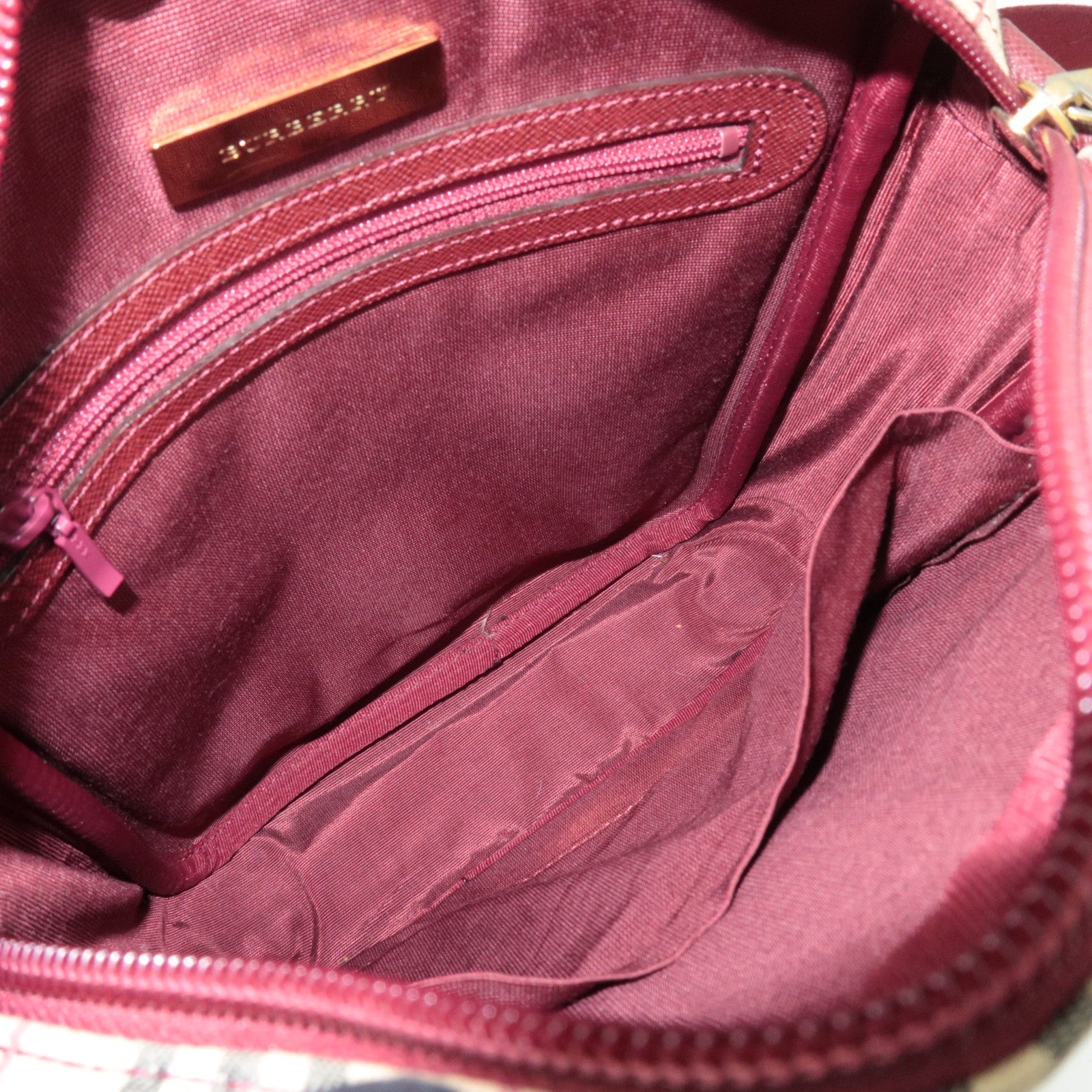 BURBERRY Nova Plaid Shoulder Bag Canvas Leather Beige Bordeaux