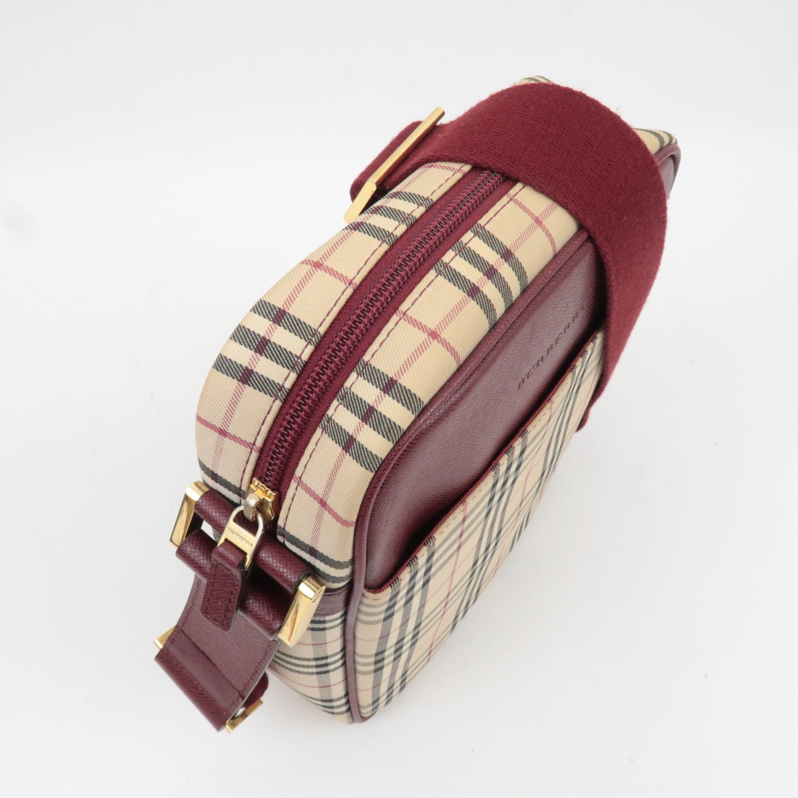 BURBERRY Nova Plaid Shoulder Bag Canvas Leather Beige Bordeaux