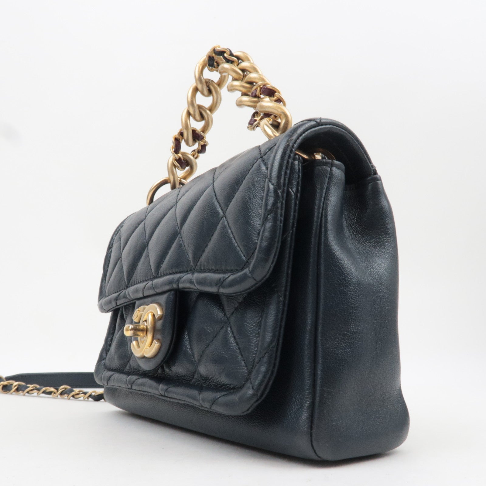 CHANEL Small Matelasse 2Way Chain Shoulder Bag Lambskin Navy