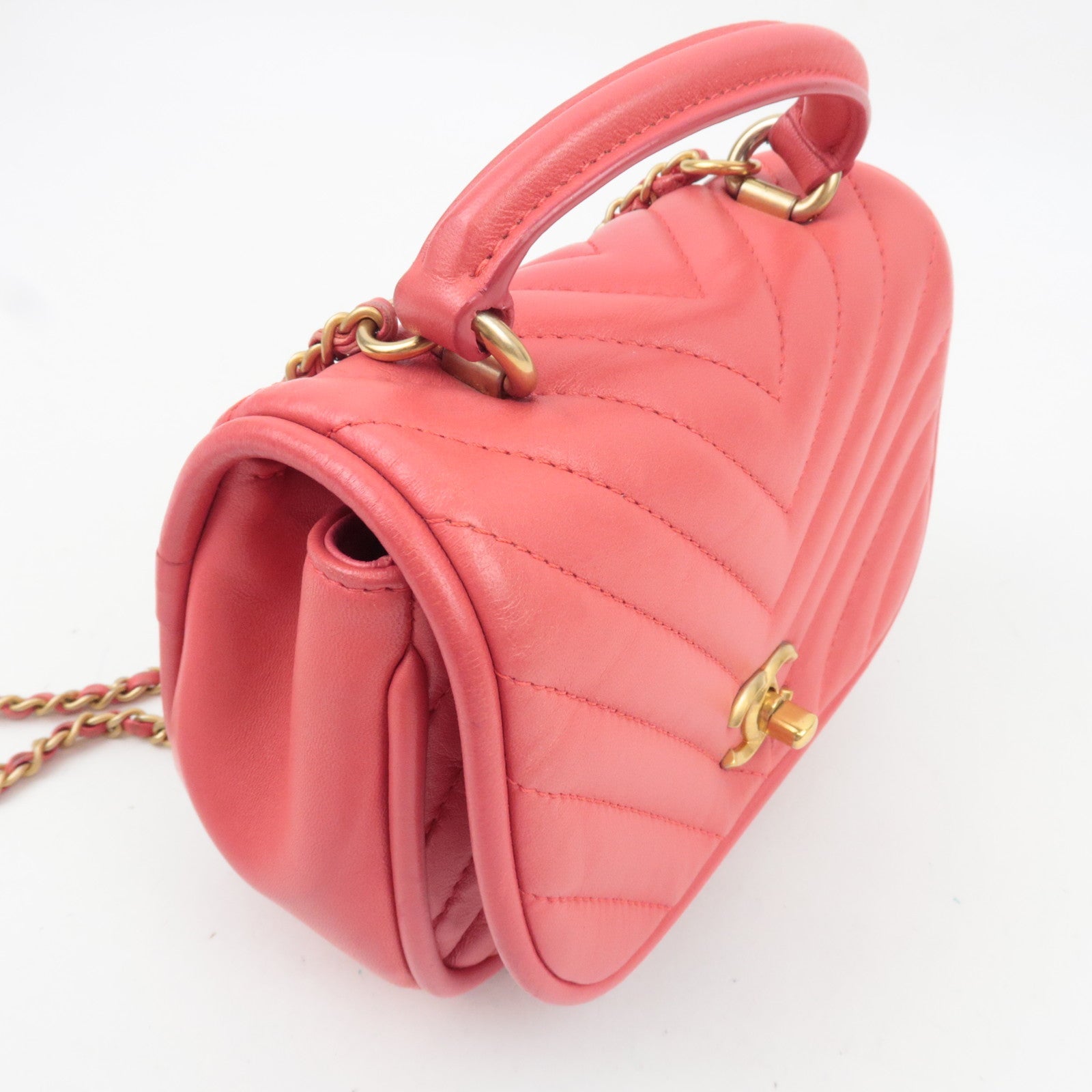 CHANEL Chevron V-Stitch 2Way Top Handle Chain Shoulder Bag Lambskin Pink 24321145