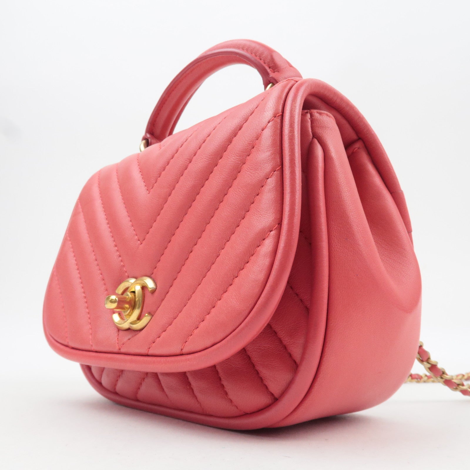 CHANEL Chevron V-Stitch 2Way Top Handle Chain Shoulder Bag Lambskin Pink 24321145