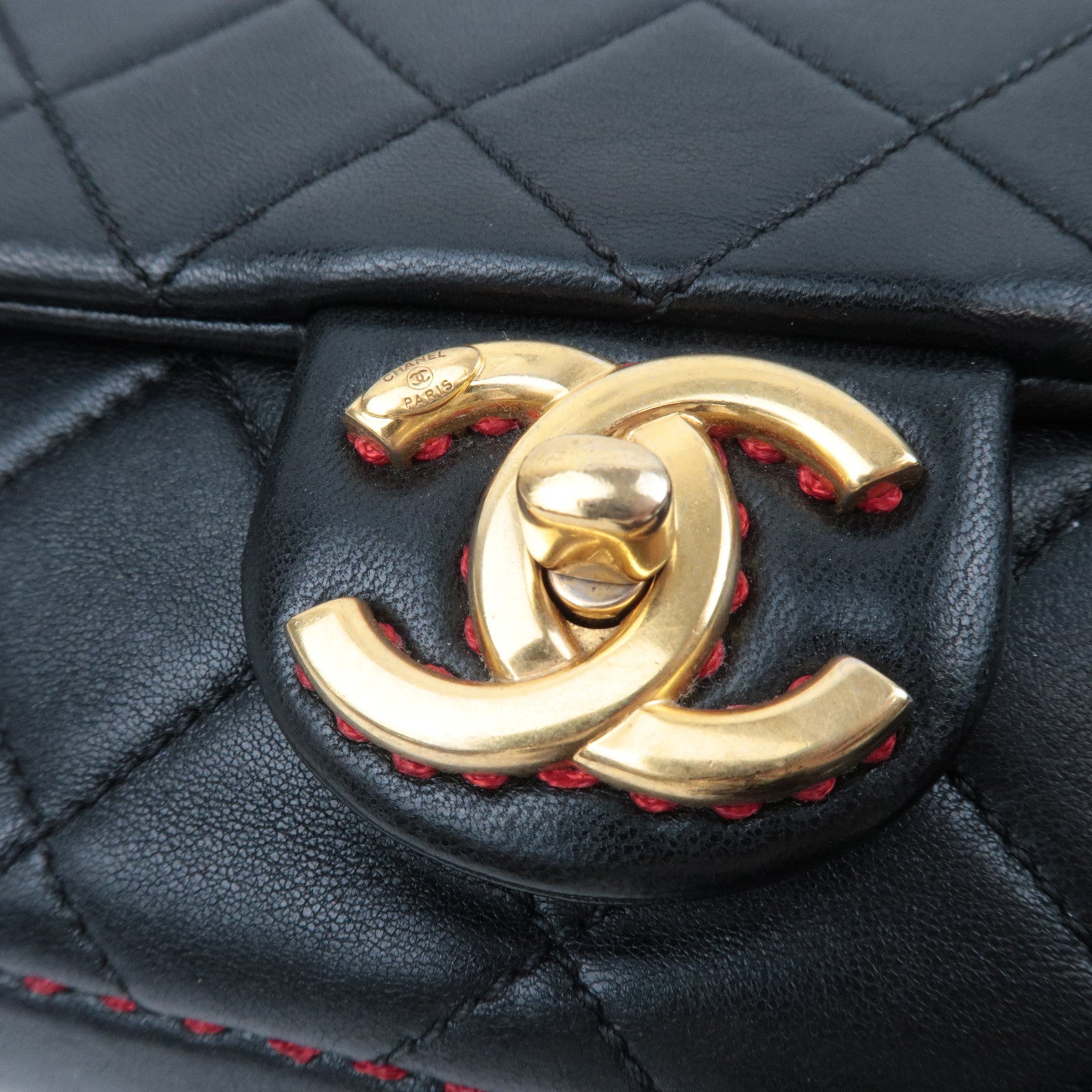 CHANEL Matelasse Red Stitch Chain Shoulder Bag Lambskin Black 23446567