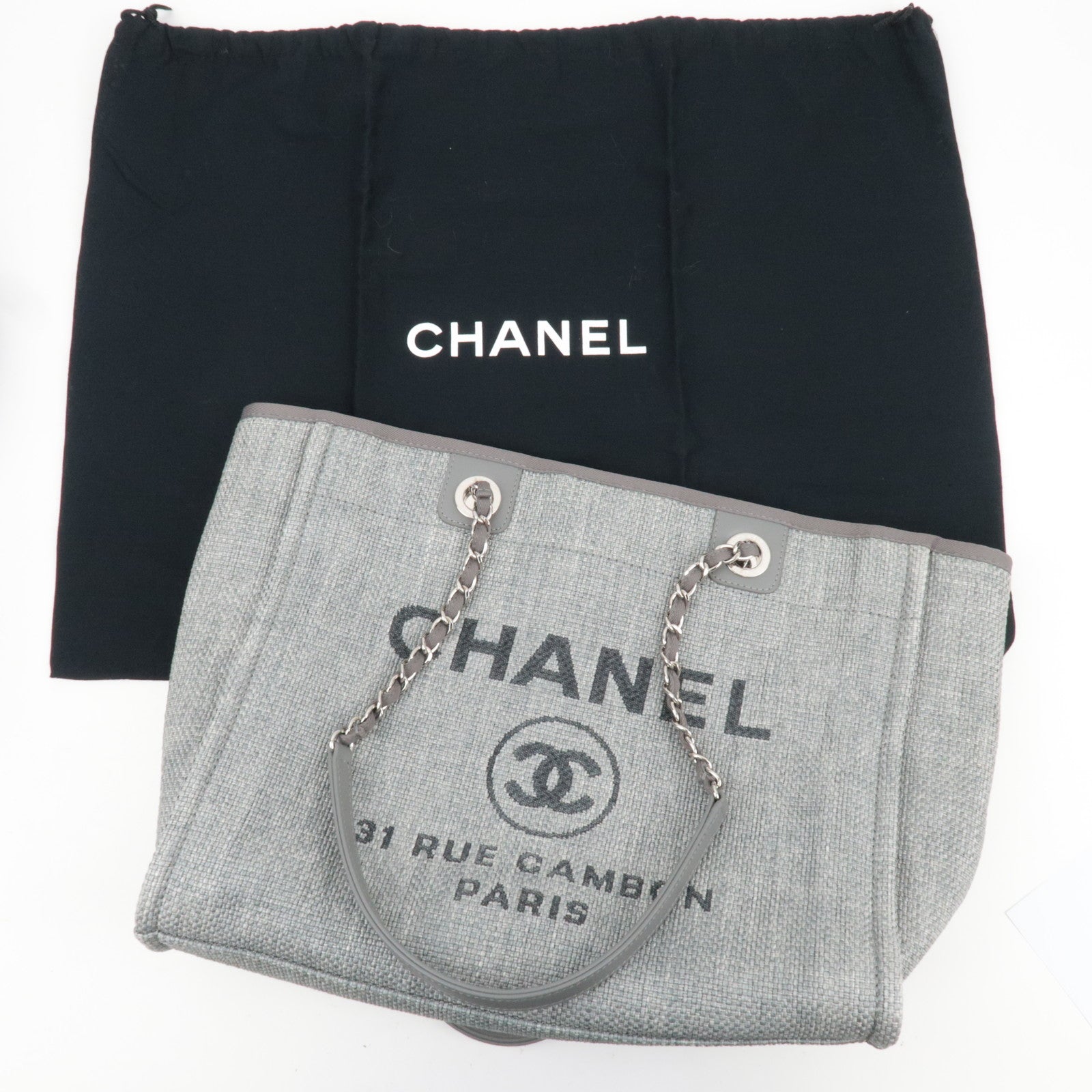 CHANEL Deauville MM Chain Tote Raffia Gray A67001