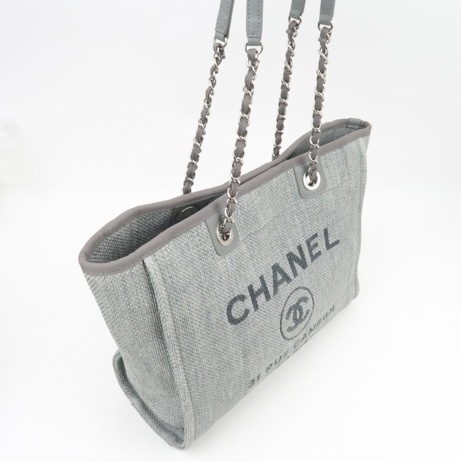 CHANEL Deauville MM Chain Tote Raffia Gray A67001