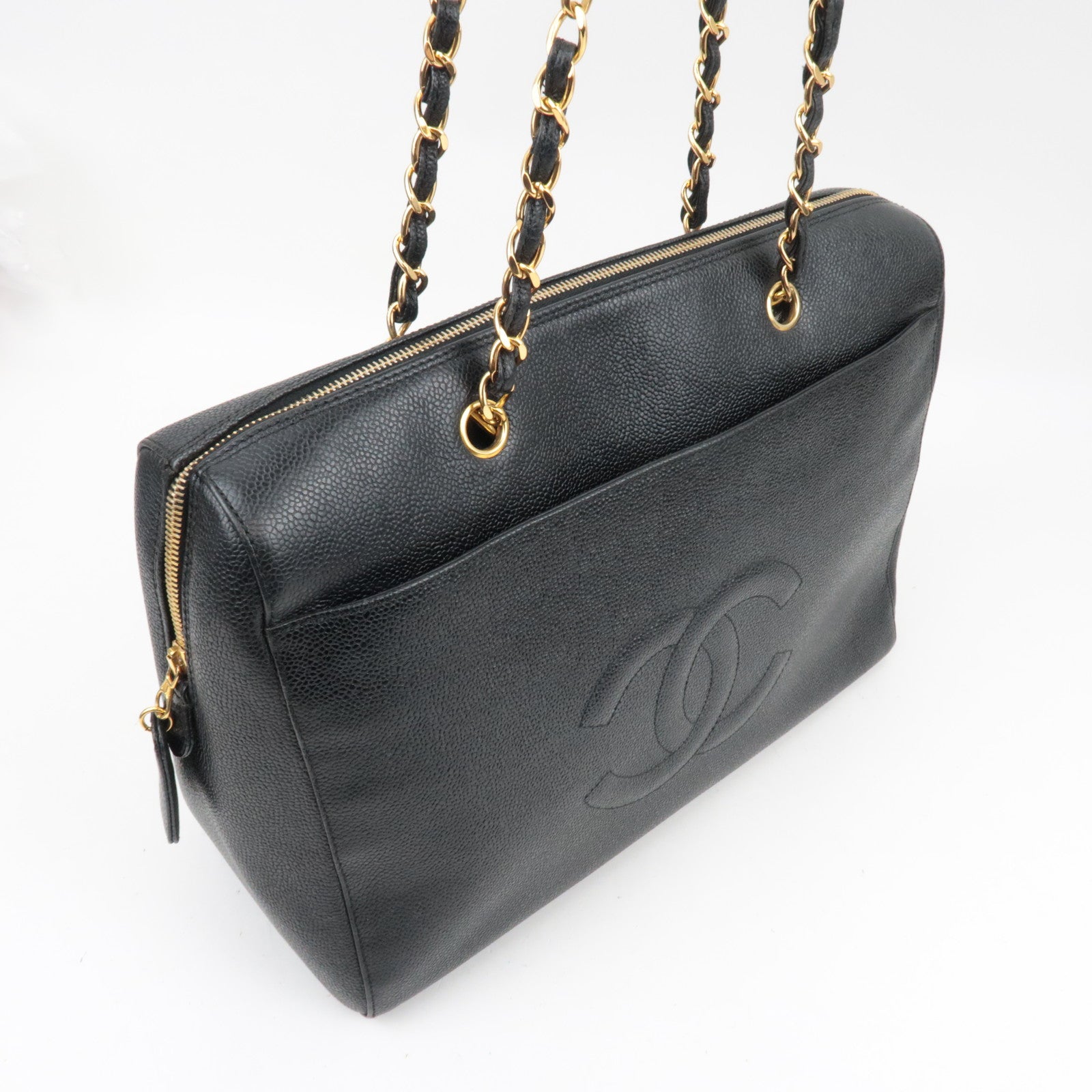 CHANEL Coco Mark Chain Tote Bag Caviar Skin Black Gold HDW