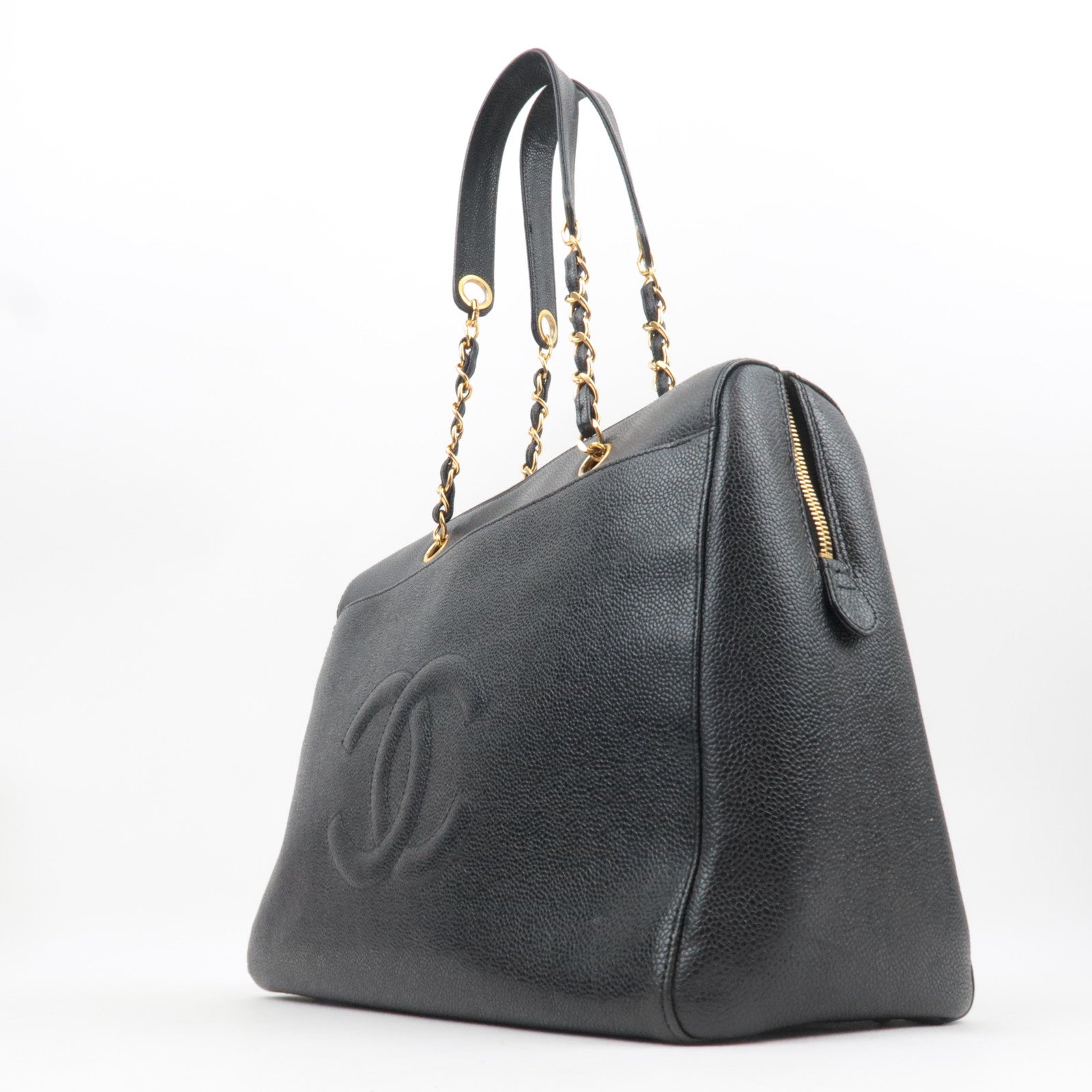 CHANEL Coco Mark Chain Tote Bag Caviar Skin Black Gold HDW