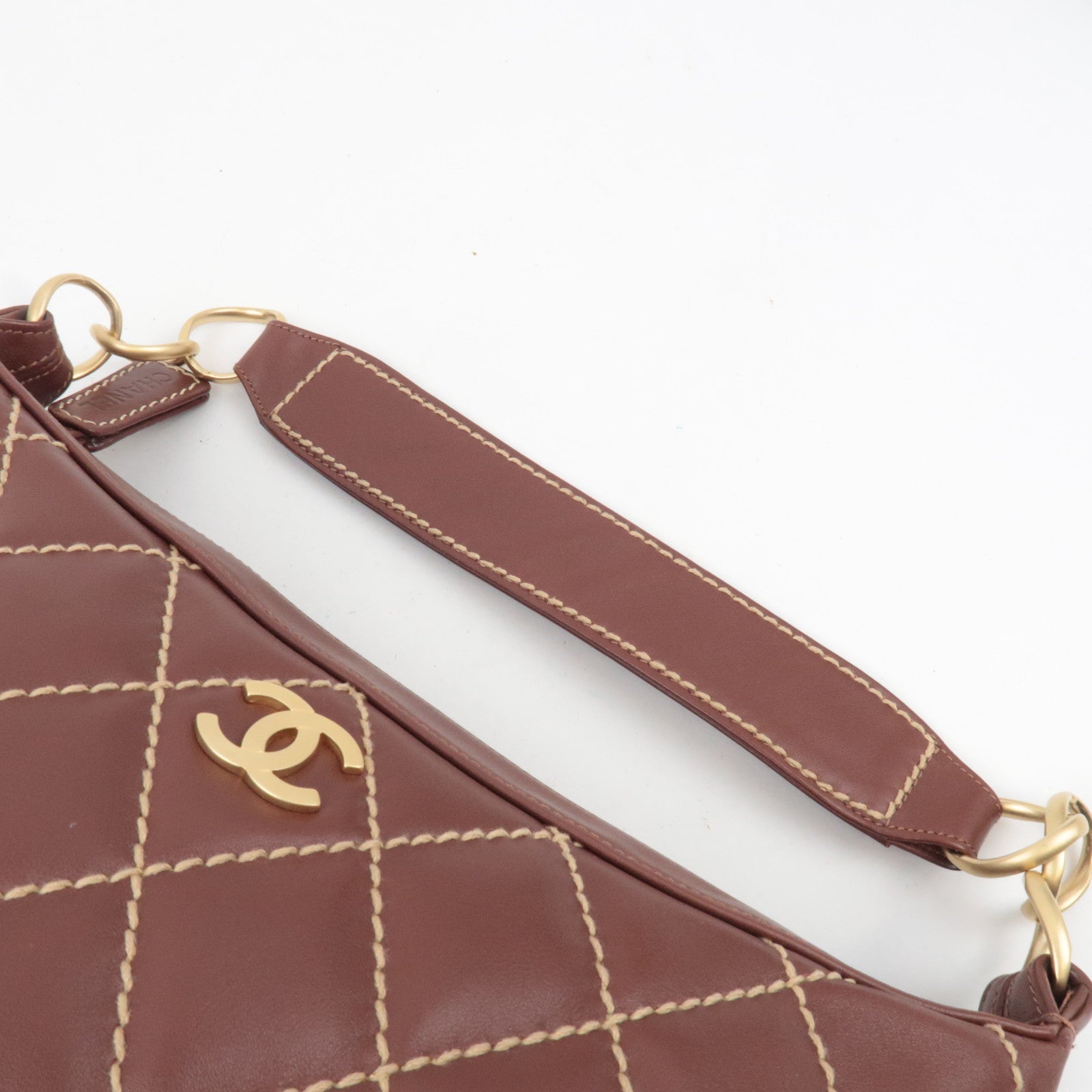 CHANEL Wild Stitch Chain Leather Shoulder Bag Brown
