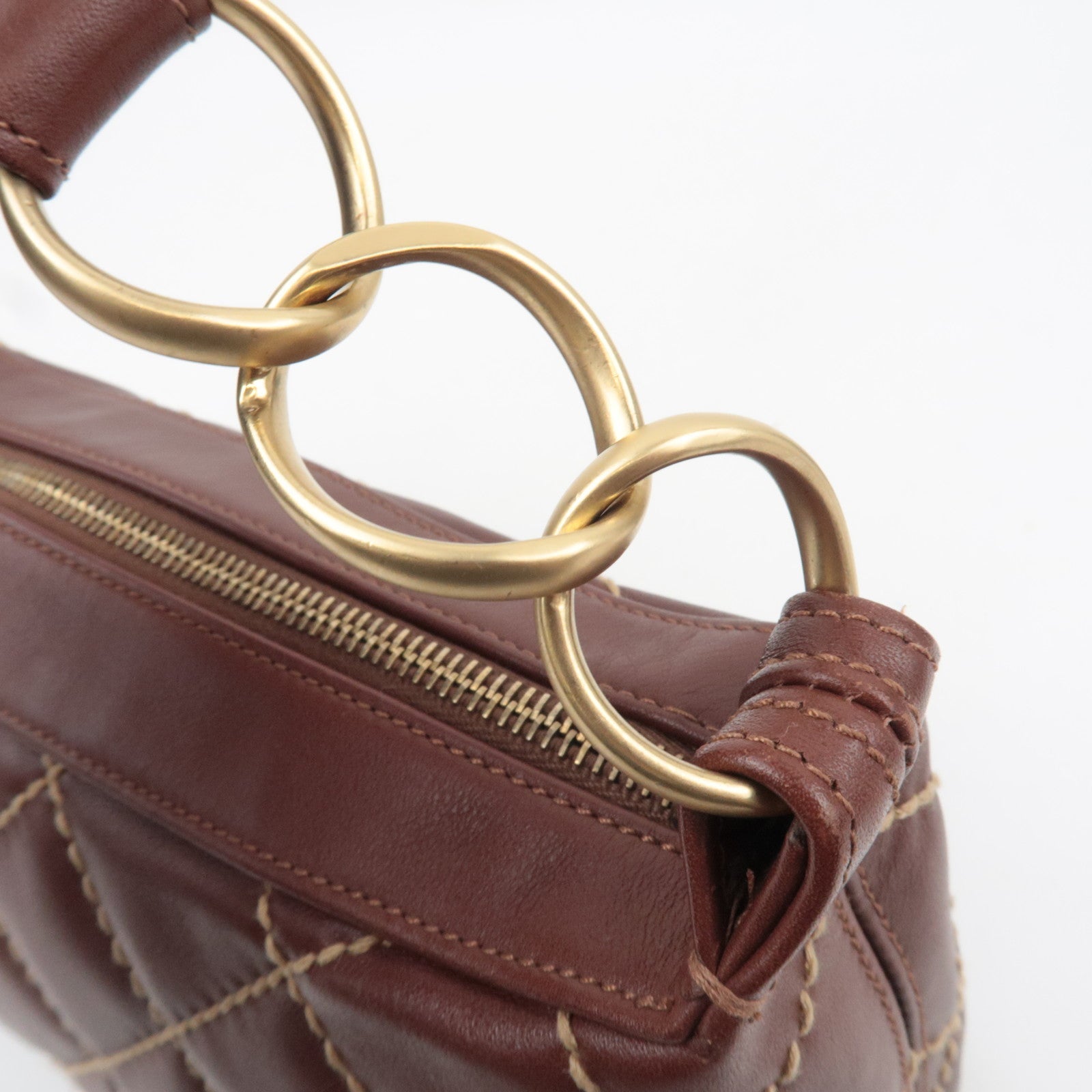 CHANEL Wild Stitch Chain Leather Shoulder Bag Brown