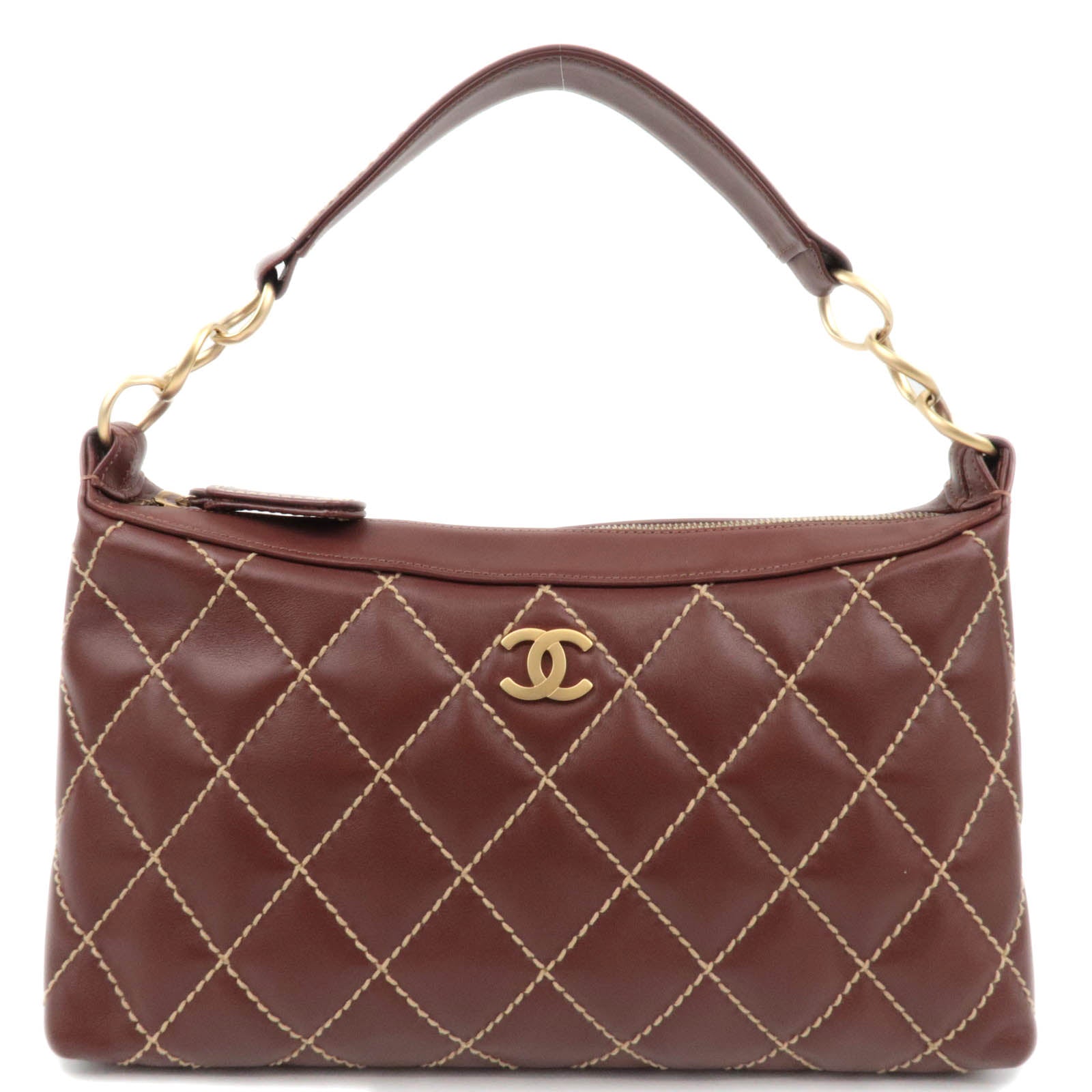 CHANEL Wild Stitch Chain Leather Shoulder Bag Brown85554