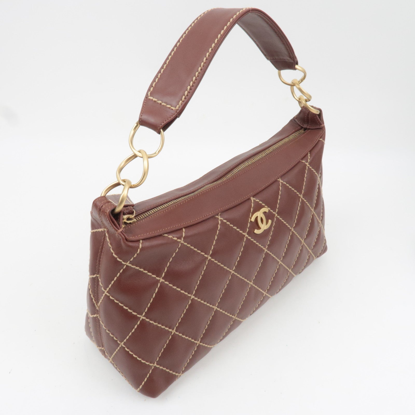 CHANEL Wild Stitch Chain Leather Shoulder Bag Brown