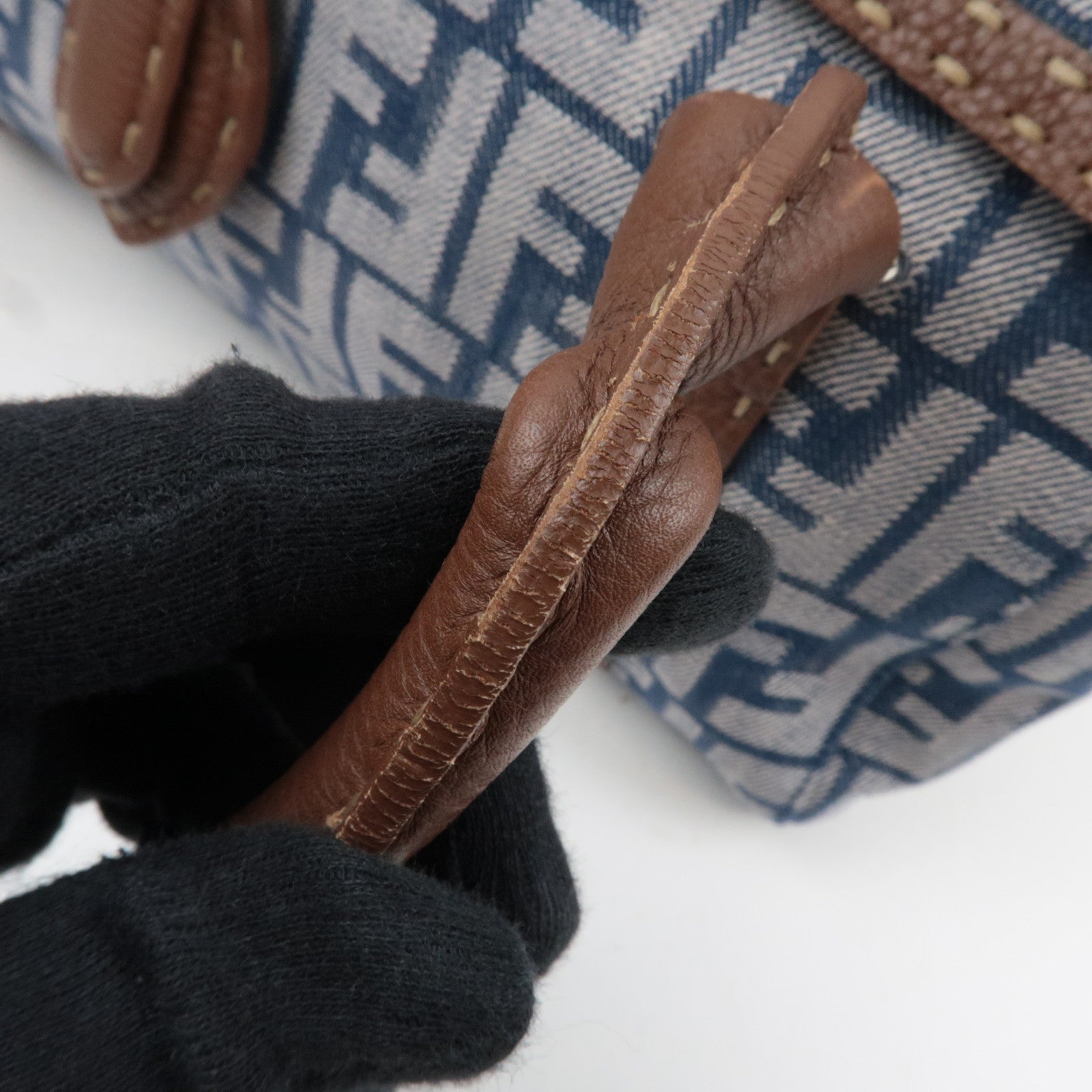 FENDI Selleria Zucca Linda Canvas Leather Handbag Blue 8BR547