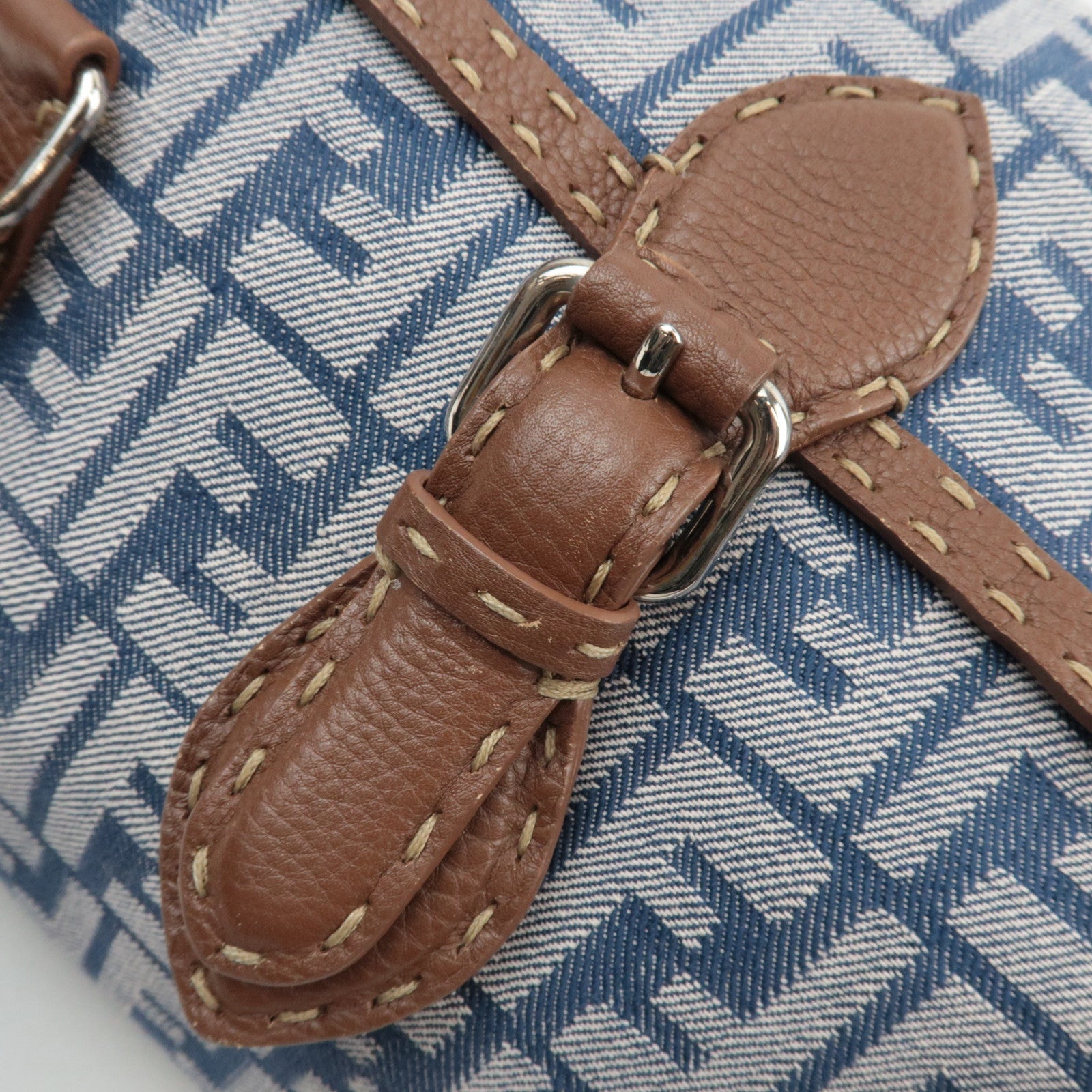 FENDI Selleria Zucca Linda Canvas Leather Handbag Blue 8BR547