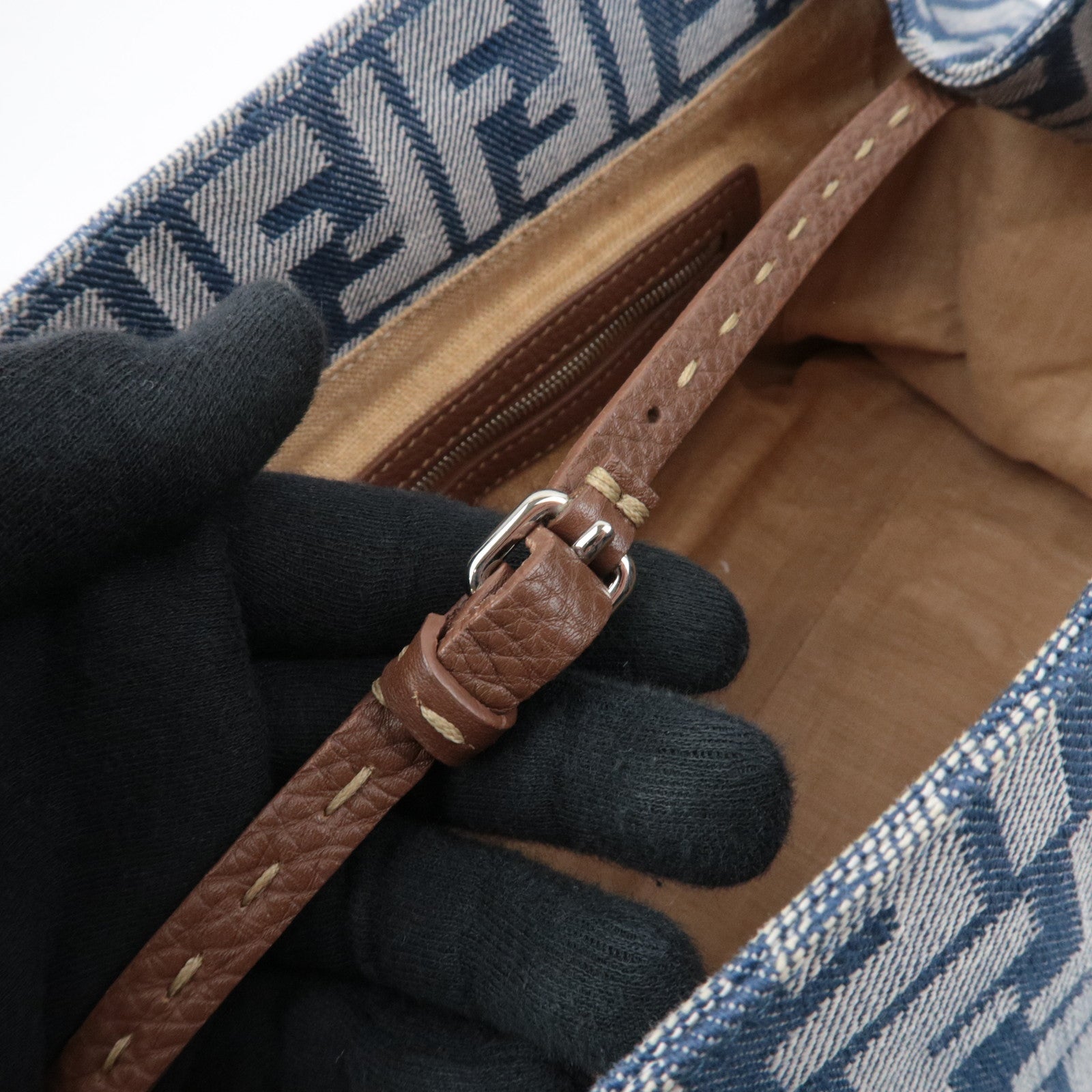 FENDI Selleria Zucca Linda Canvas Leather Handbag Blue 8BR547