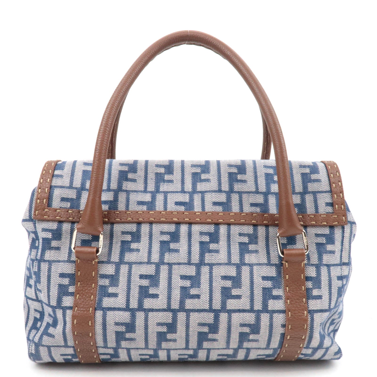 FENDI Selleria Zucca Linda Canvas Leather Handbag Blue 8BR547