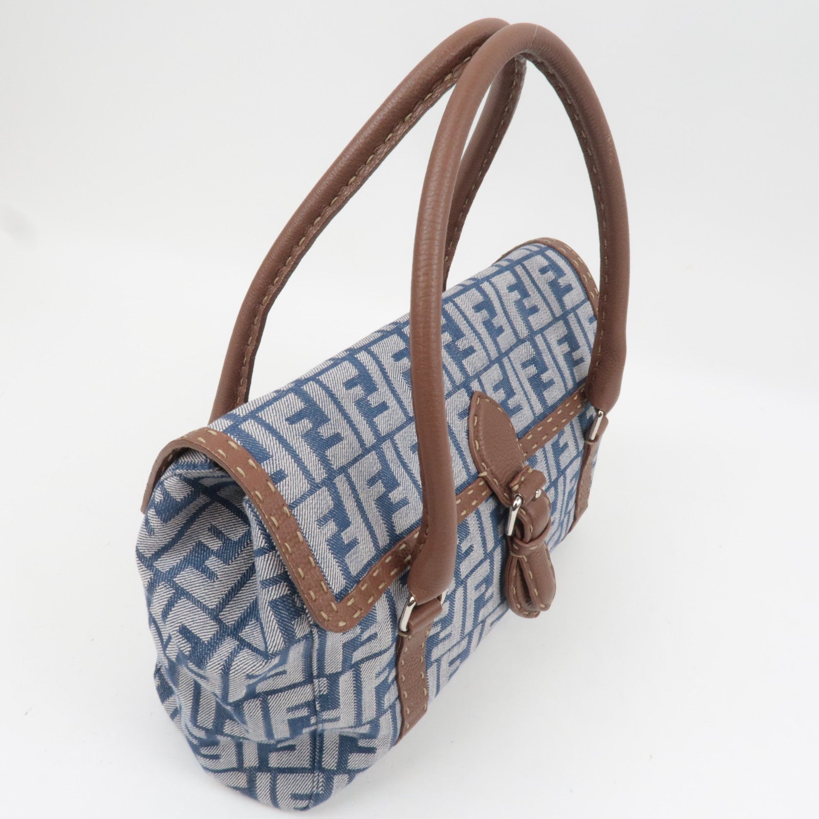 FENDI Selleria Zucca Linda Canvas Leather Handbag Blue 8BR547