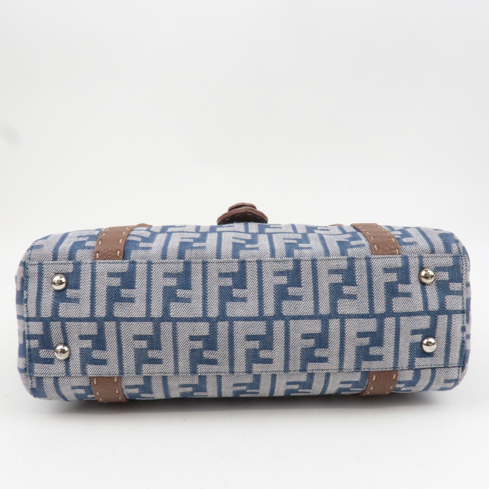 FENDI Selleria Zucca Linda Canvas Leather Handbag Blue 8BR547