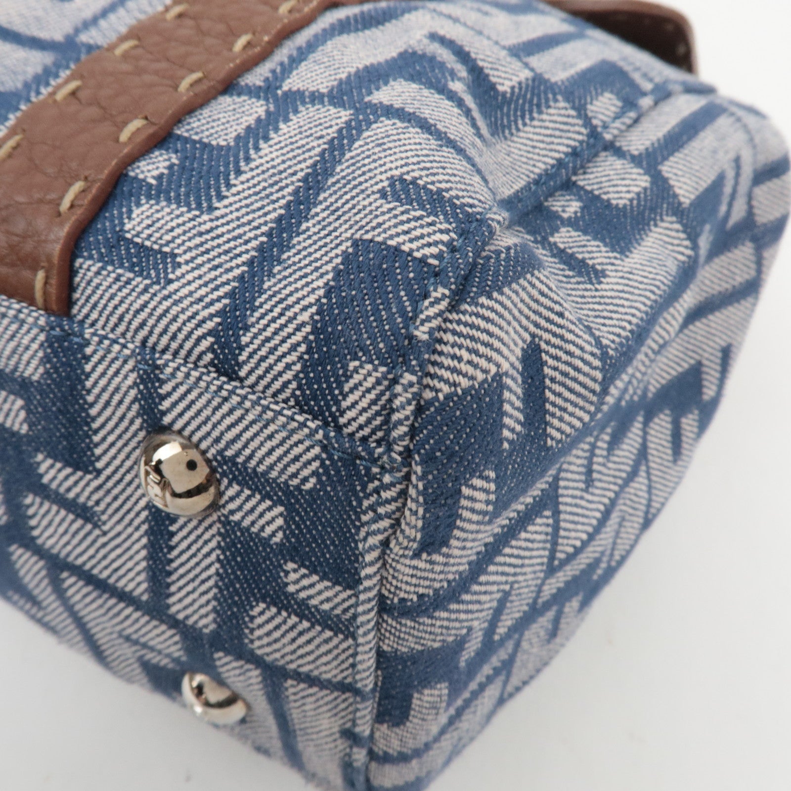 FENDI Selleria Zucca Linda Canvas Leather Handbag Blue 8BR547