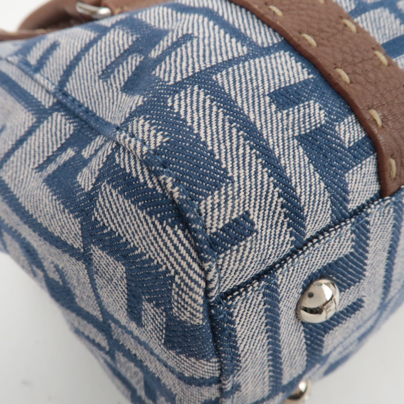 FENDI Selleria Zucca Linda Canvas Leather Handbag Blue 8BR547