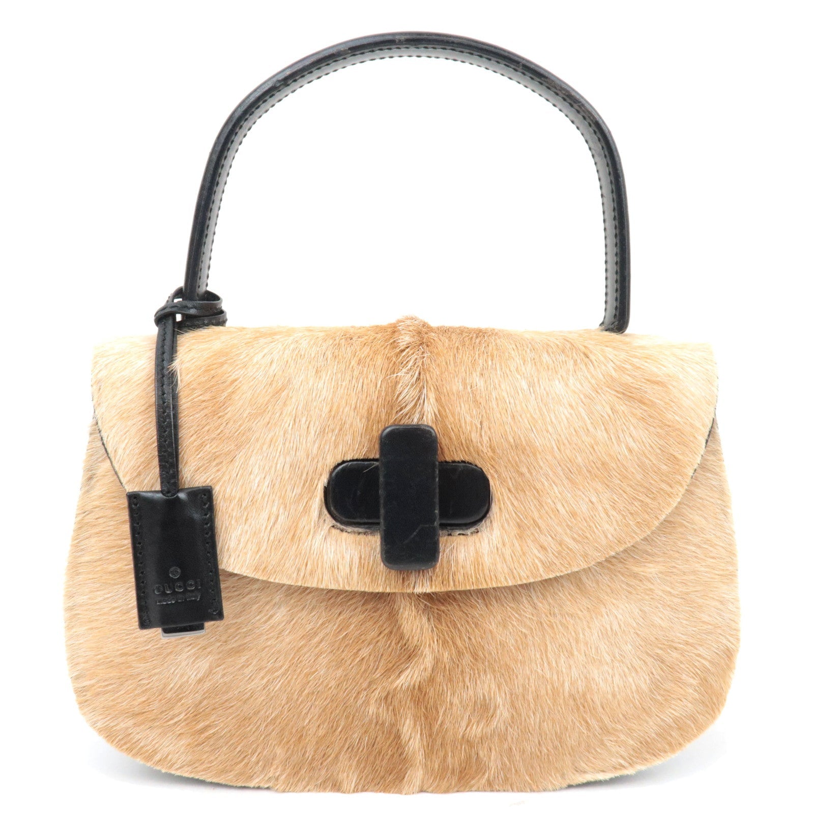 GUCCI Unborn Calf Leather Top Handle Handbag Beige Black 000.183885575