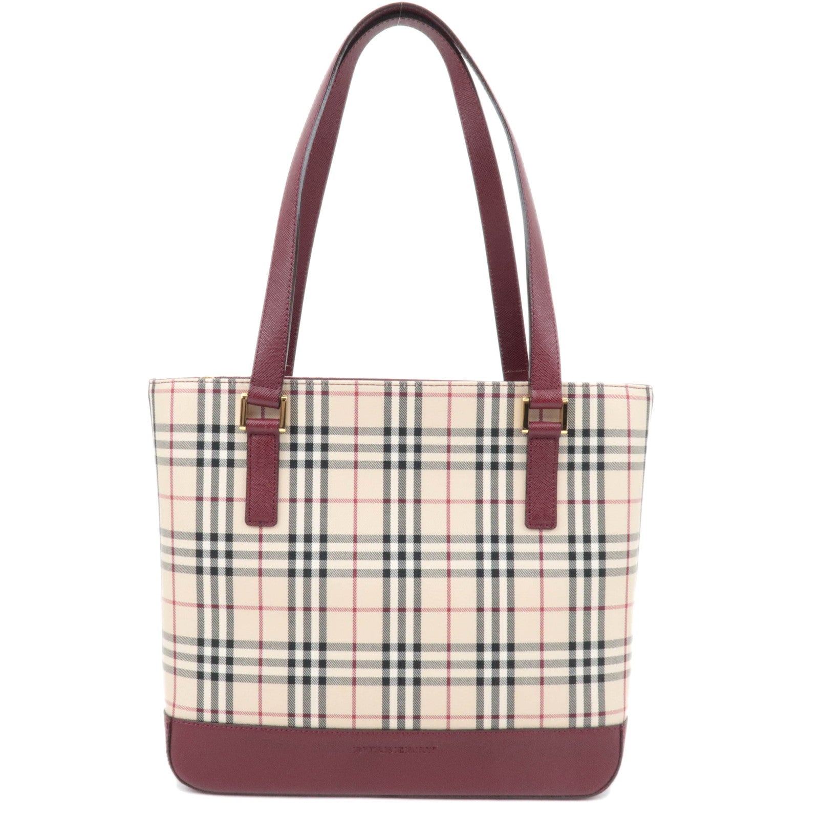 BURBERRY Nova Plaid Canvas Leather Tote Bag Beige Bordeaux85626