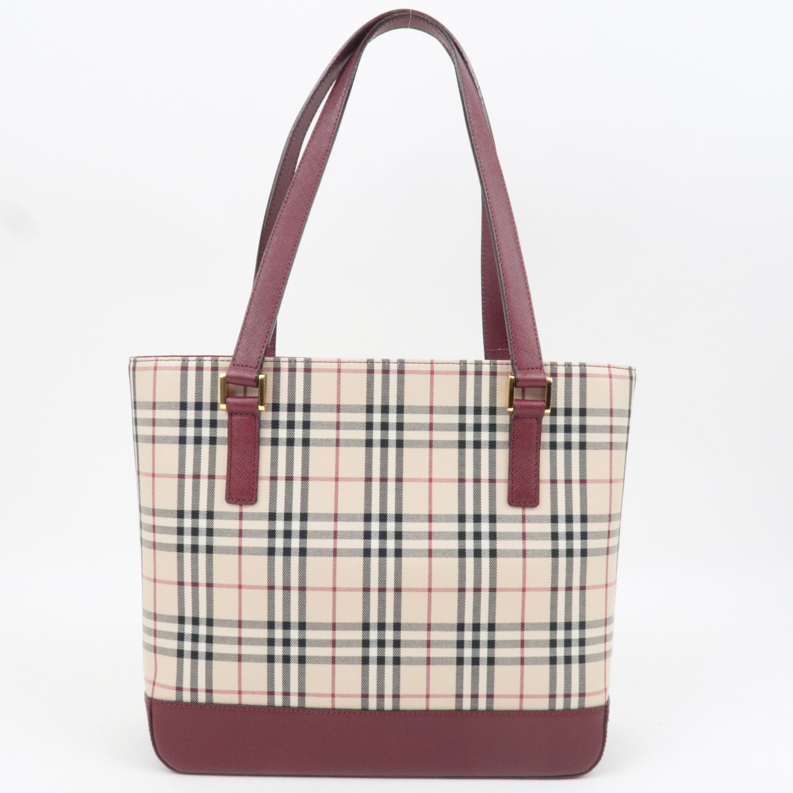 BURBERRY Nova Plaid Canvas Leather Tote Bag Beige Bordeaux