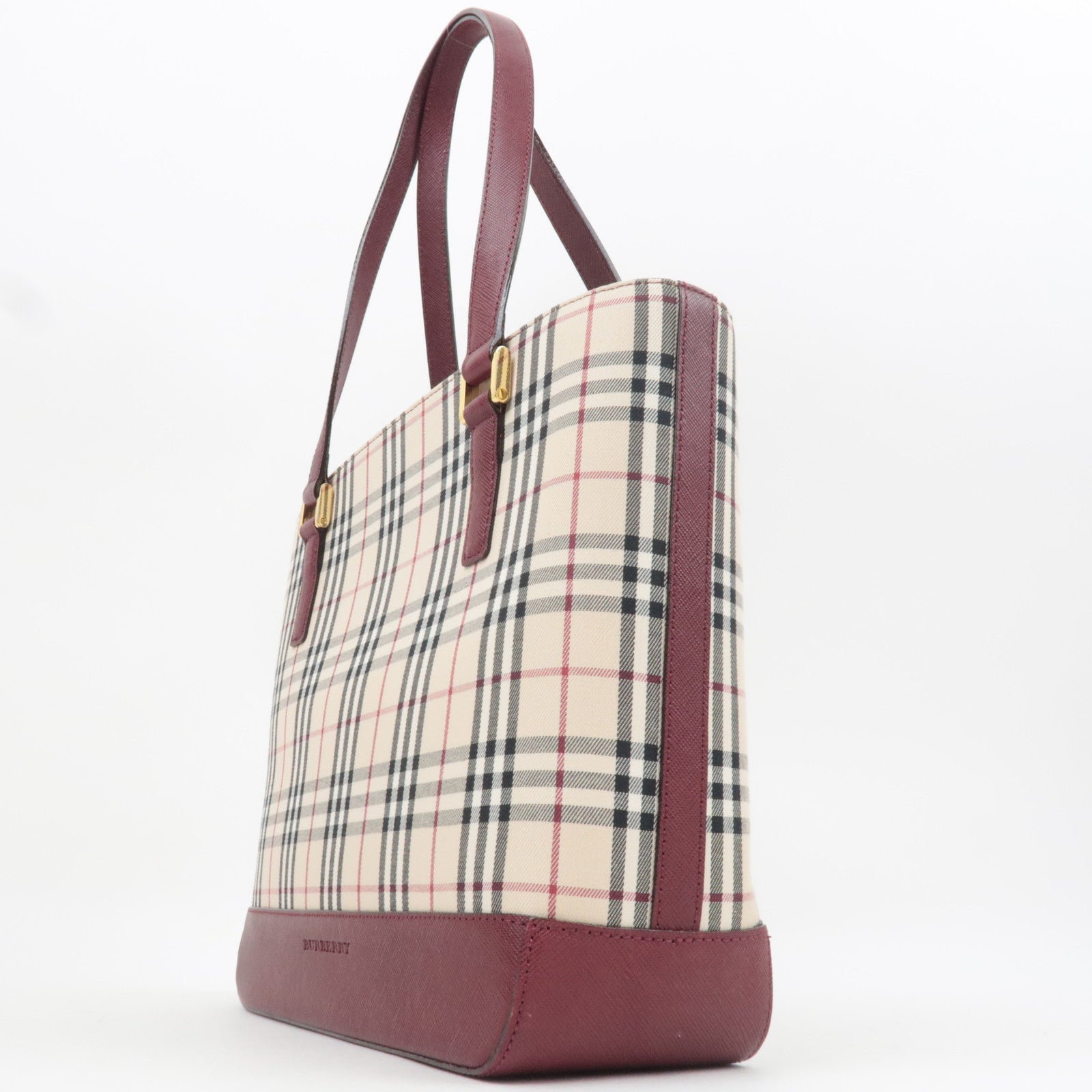 BURBERRY Nova Plaid Canvas Leather Tote Bag Beige Bordeaux