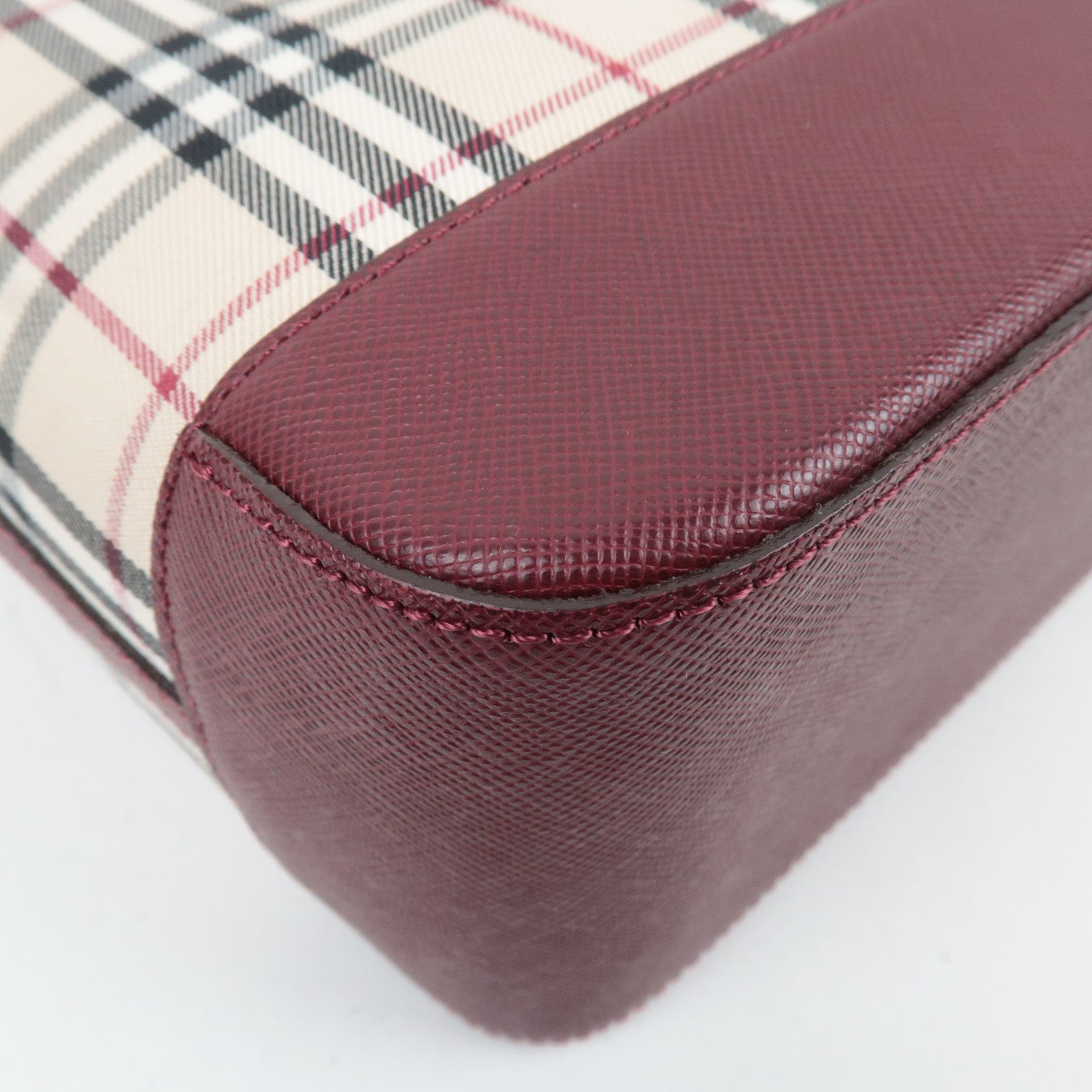 BURBERRY Nova Plaid Canvas Leather Tote Bag Beige Bordeaux