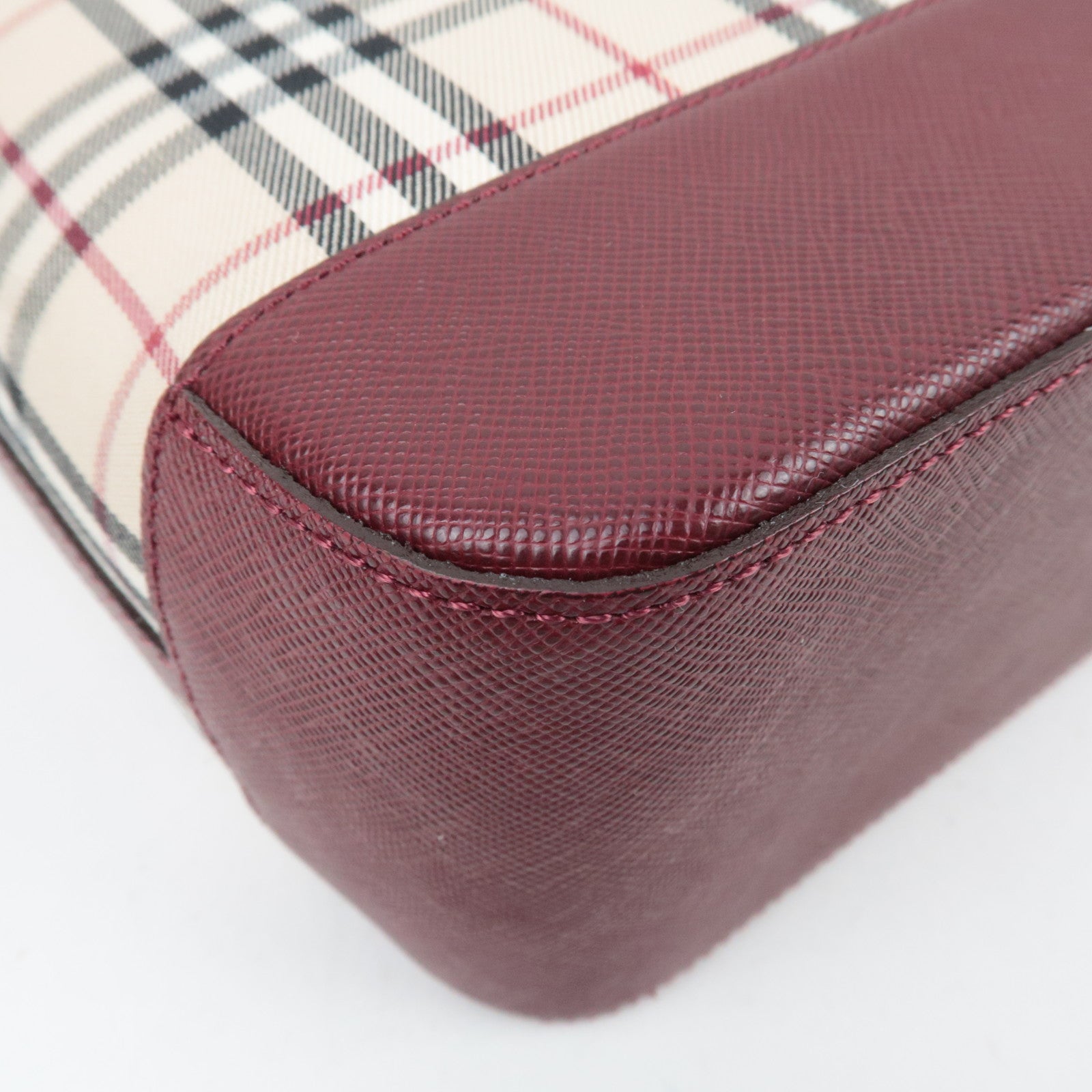 BURBERRY Nova Plaid Canvas Leather Tote Bag Beige Bordeaux