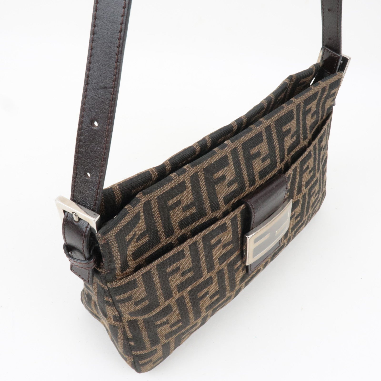 FENDI Zucca Canvas Leather Shoulder Bag Brown Black 26566