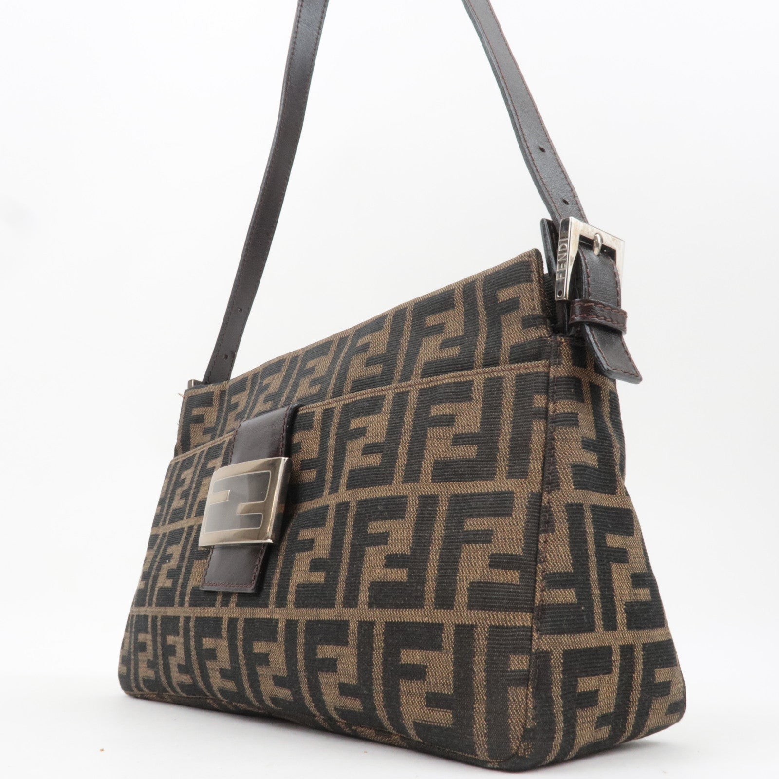 FENDI Zucca Canvas Leather Shoulder Bag Brown Black 26566