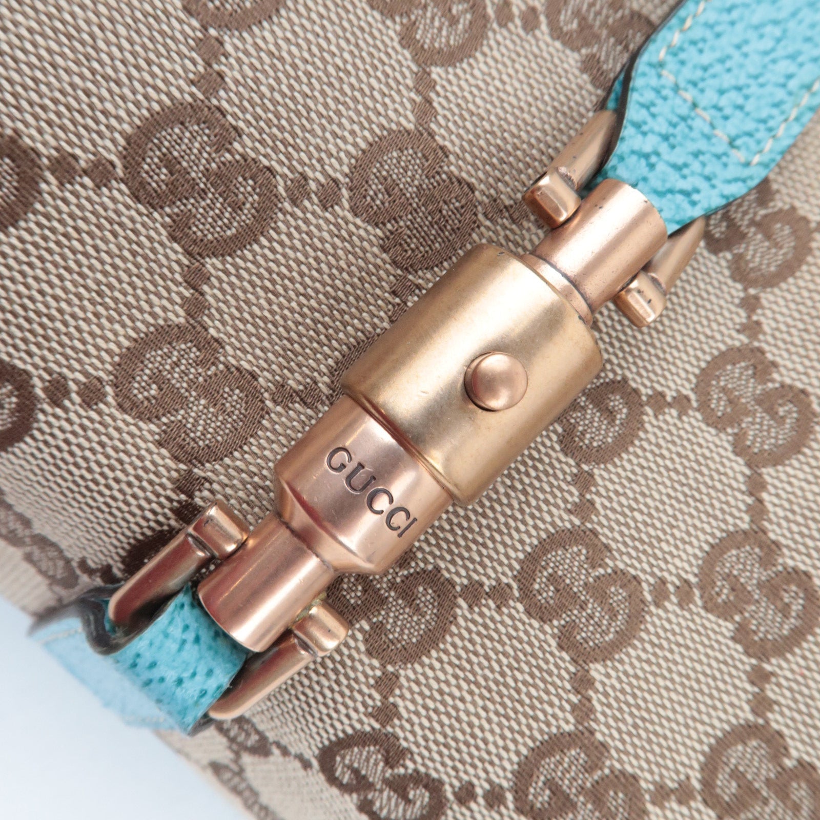 GUCCI New Jackie GG Canvas Leather Shoulder Bag Beige Turquoise 124407