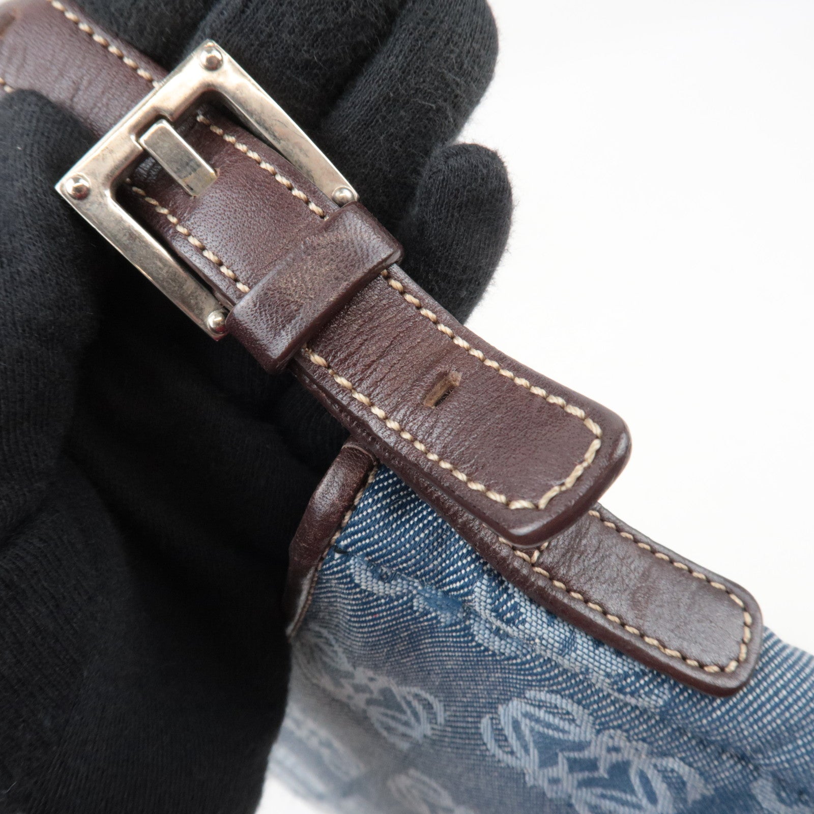 LOEWE Anagram Denim Leather Shoulder Bag Blue Brown