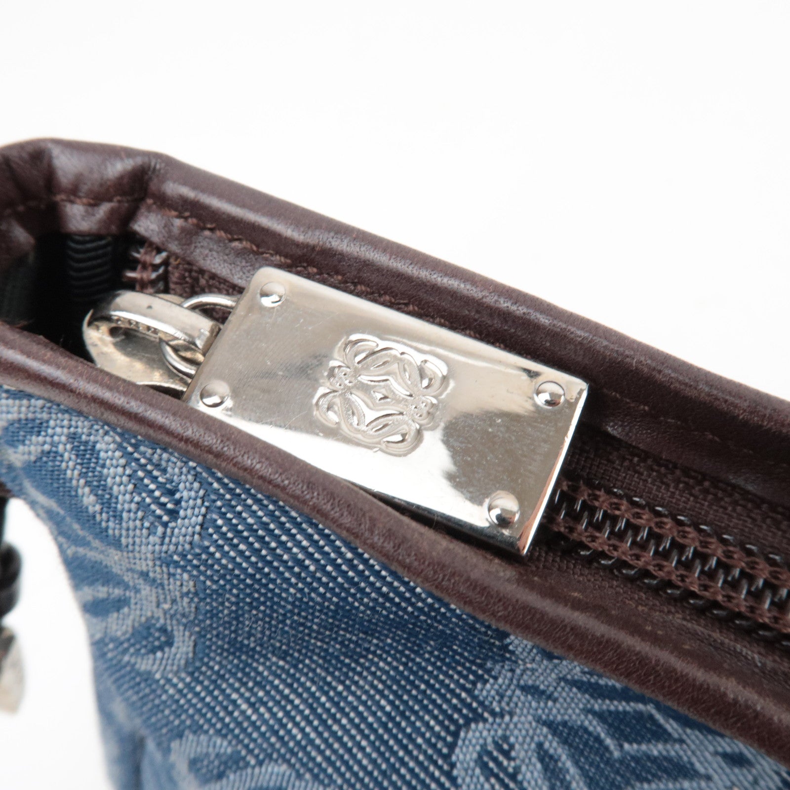 LOEWE Anagram Denim Leather Shoulder Bag Blue Brown