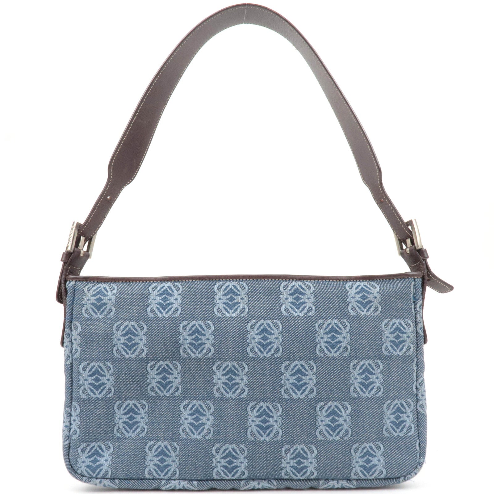 LOEWE Anagram Denim Leather Shoulder Bag Blue Brown