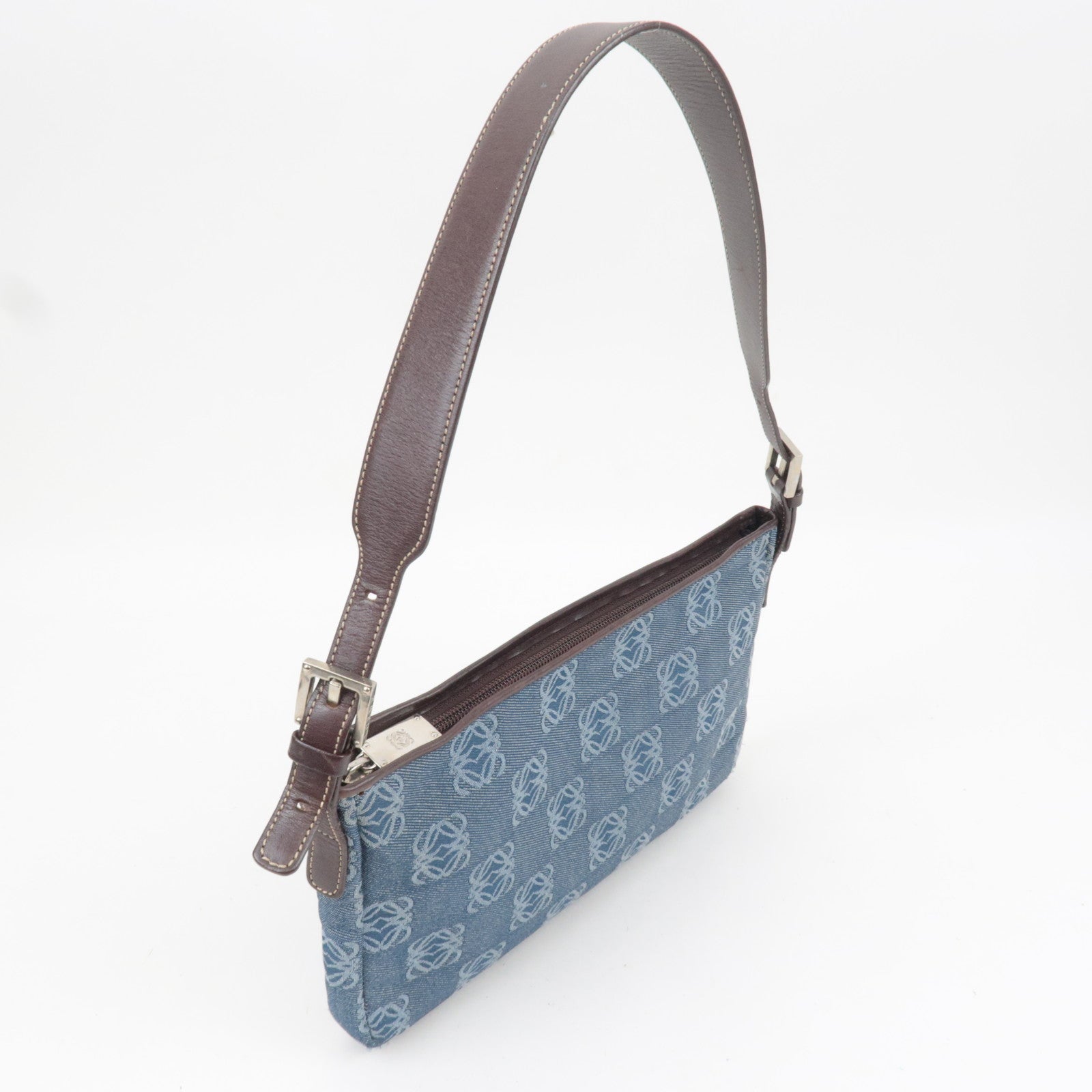 LOEWE Anagram Denim Leather Shoulder Bag Blue Brown