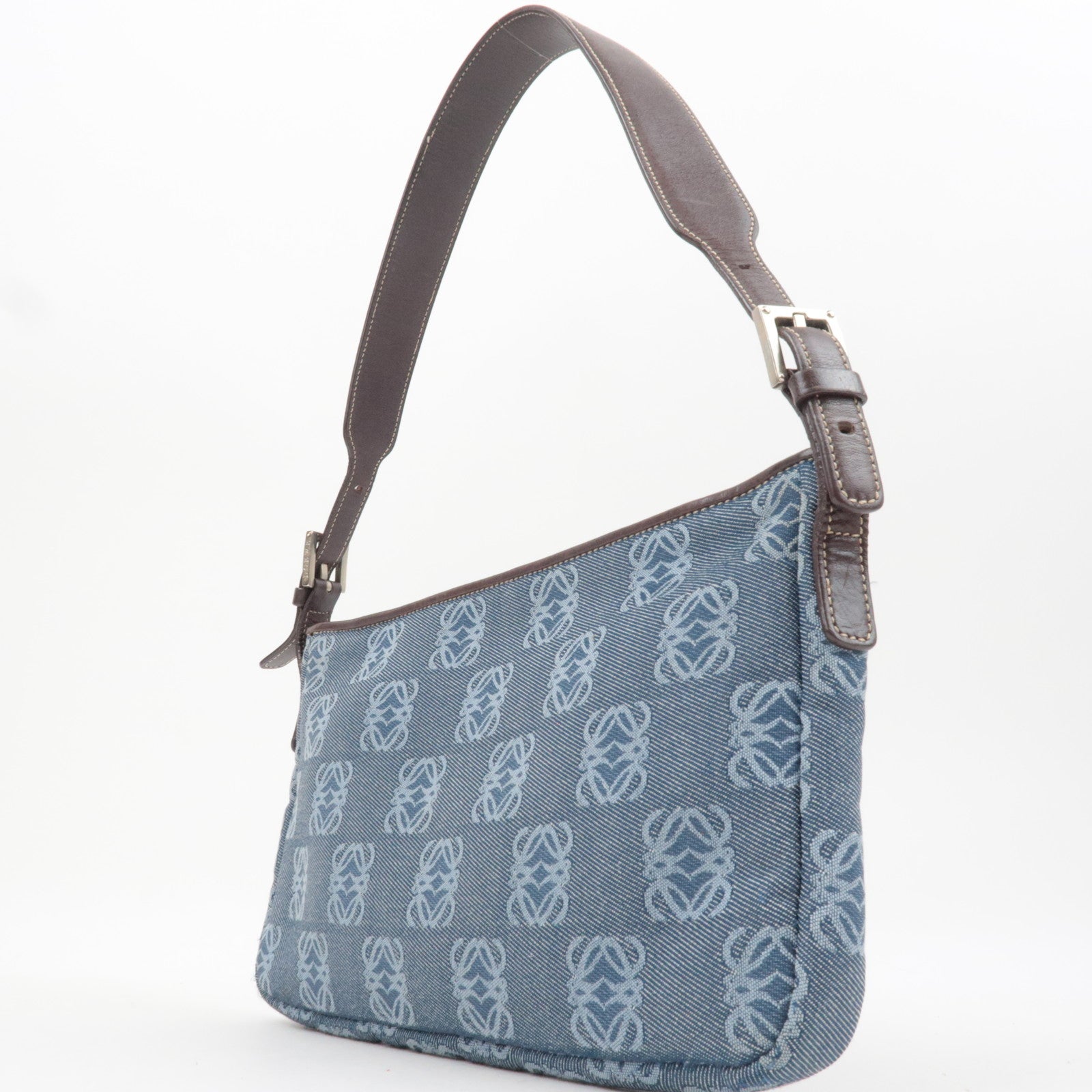 LOEWE Anagram Denim Leather Shoulder Bag Blue Brown