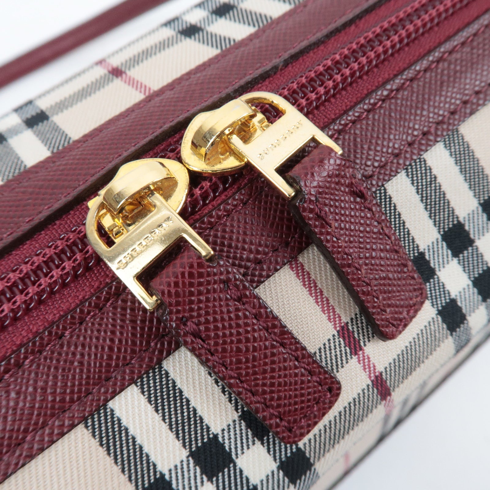 BURBERRY Nova Plaid Canvas Leather Shoulder Bag Beige Bordeaux