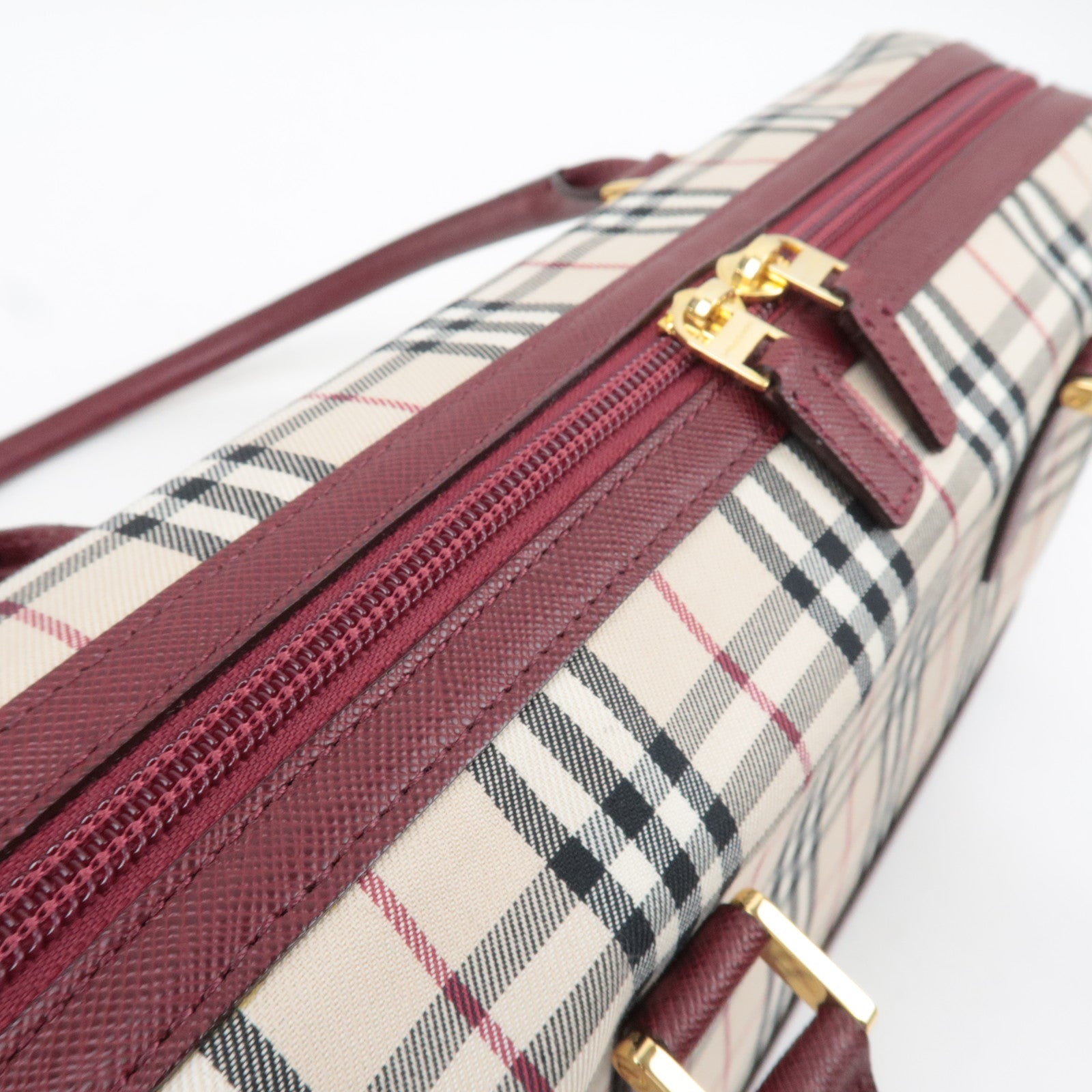 BURBERRY Nova Plaid Canvas Leather Shoulder Bag Beige Bordeaux