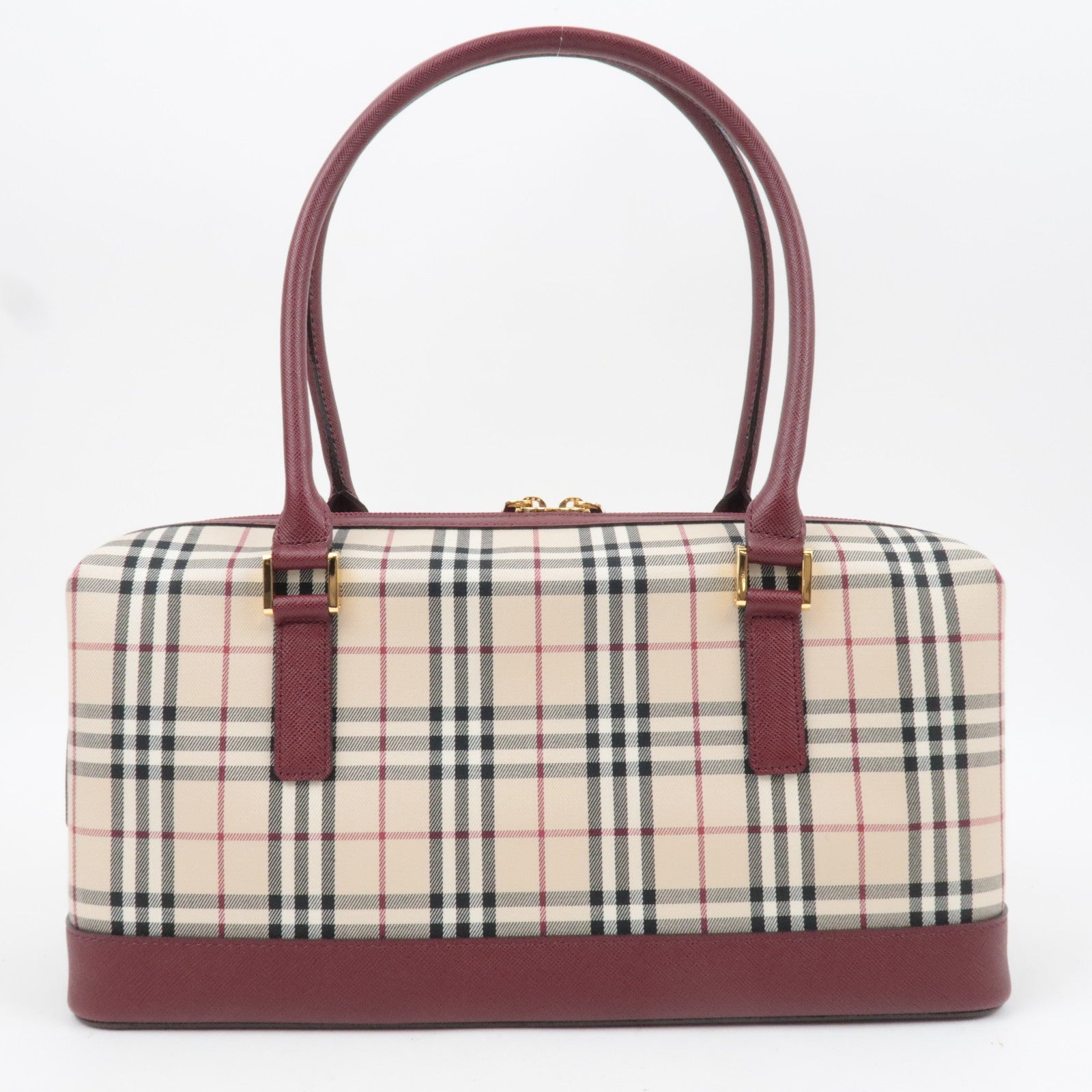 BURBERRY Nova Plaid Canvas Leather Shoulder Bag Beige Bordeaux