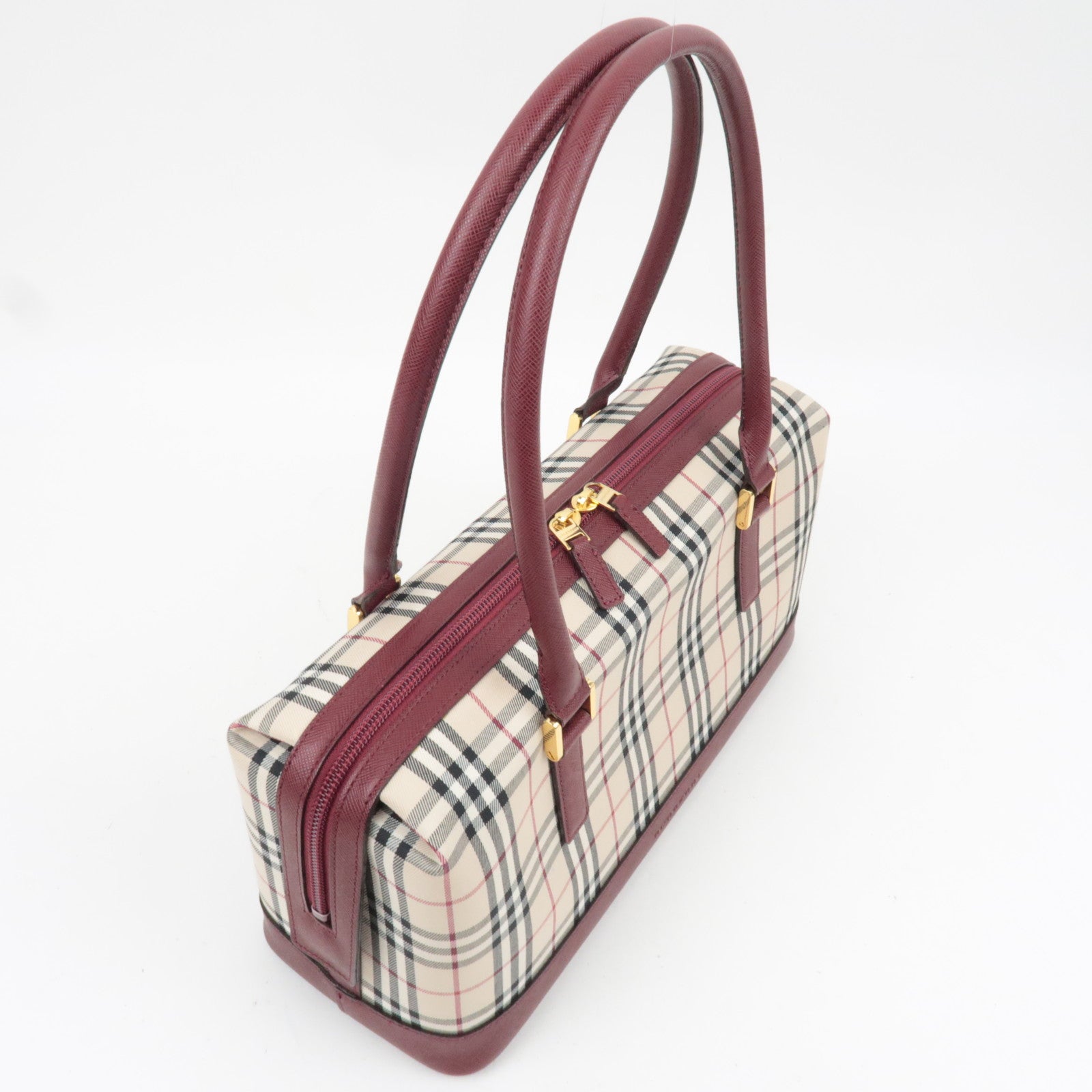 BURBERRY Nova Plaid Canvas Leather Shoulder Bag Beige Bordeaux