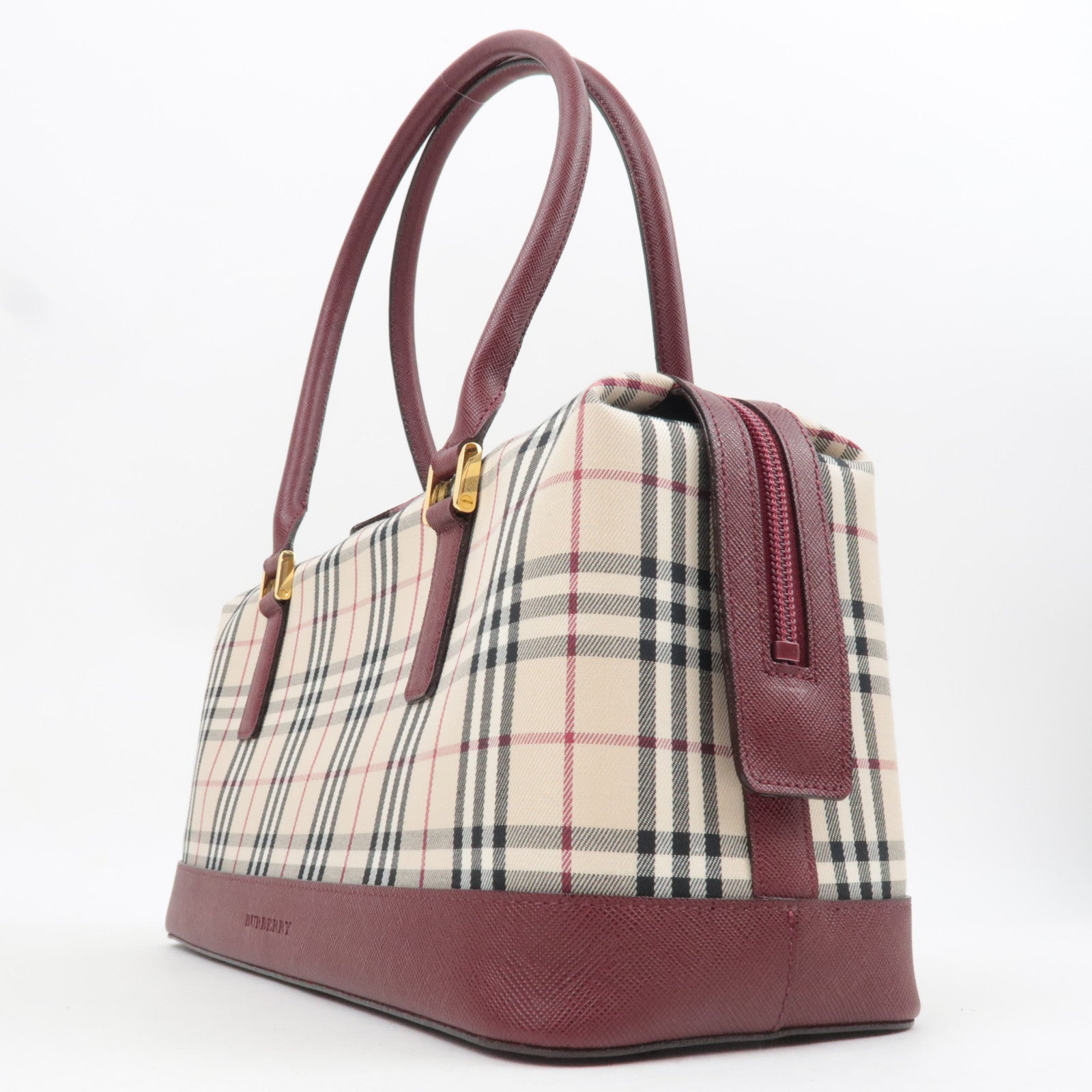 BURBERRY Nova Plaid Canvas Leather Shoulder Bag Beige Bordeaux