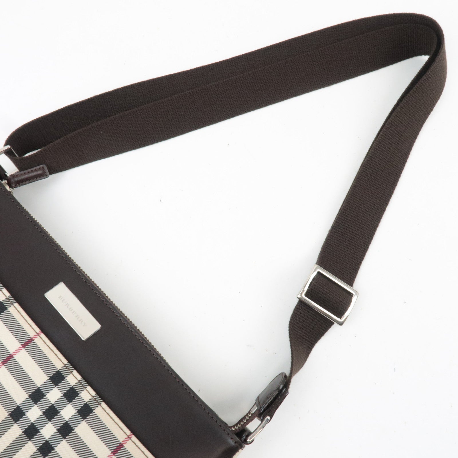 BURBERRY Nova Plaid Canvas Leather Shoulder Bag Beige Brown