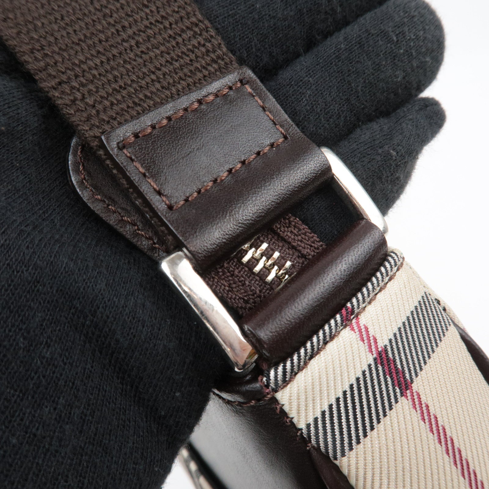 BURBERRY Nova Plaid Canvas Leather Shoulder Bag Beige Brown